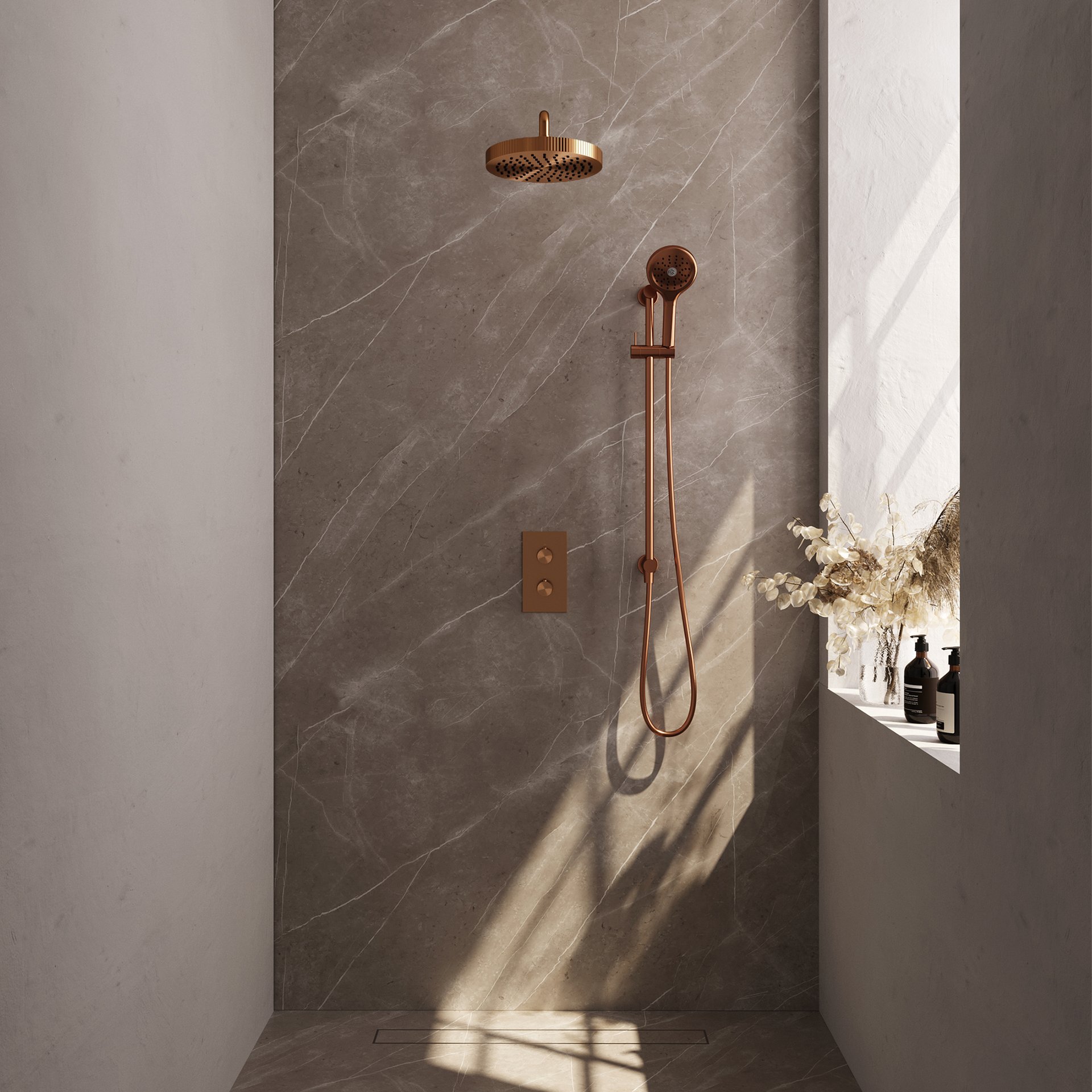 BRAUER Stripe thermostatische inbouw regendouche 3-weg rechthoekig SET 23 met 25 cm douchekop en gebogen muurarm en 3-standen handdouche en doucheslang en geïntegreerde glijstang koper geborsteld PVD
