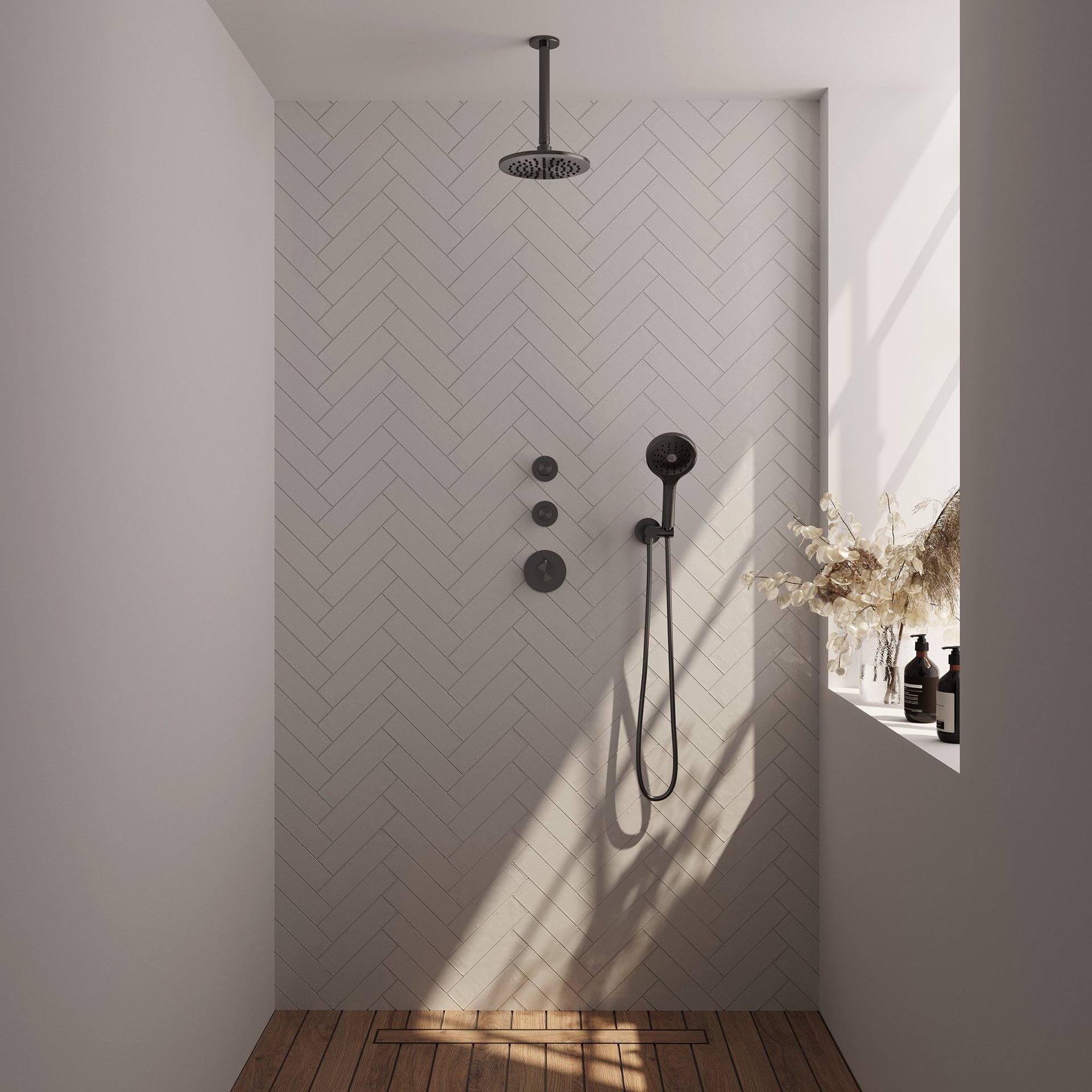BRAUER Gunmetal Carving thermostatische inbouw regendouche SET 11 met 20 cm douchekop en plafondarm en 3-standen handdouche en doucheslang en wandaansluitbocht gunmetal geborsteld PVD