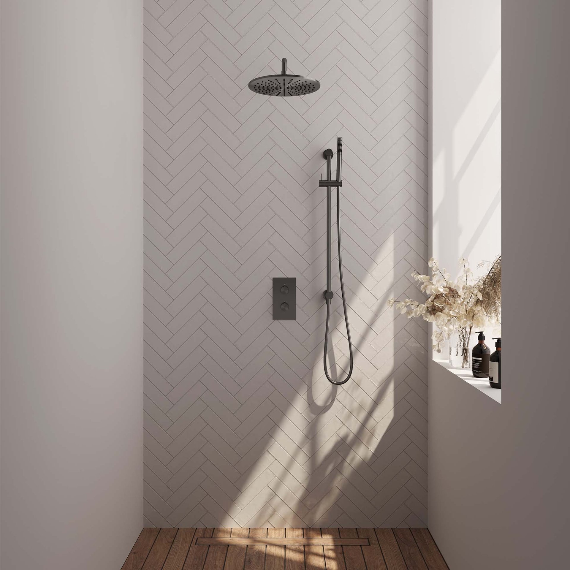 BRAUER Gunmetal Edition thermostatische inbouw regendouche 3-weg rechthoekig SET 40 met 30 cm douchekop en gebogen muurarm en staaf handdouche en doucheslang en geïntegreerde glijstang gunmetal geborsteld PVD