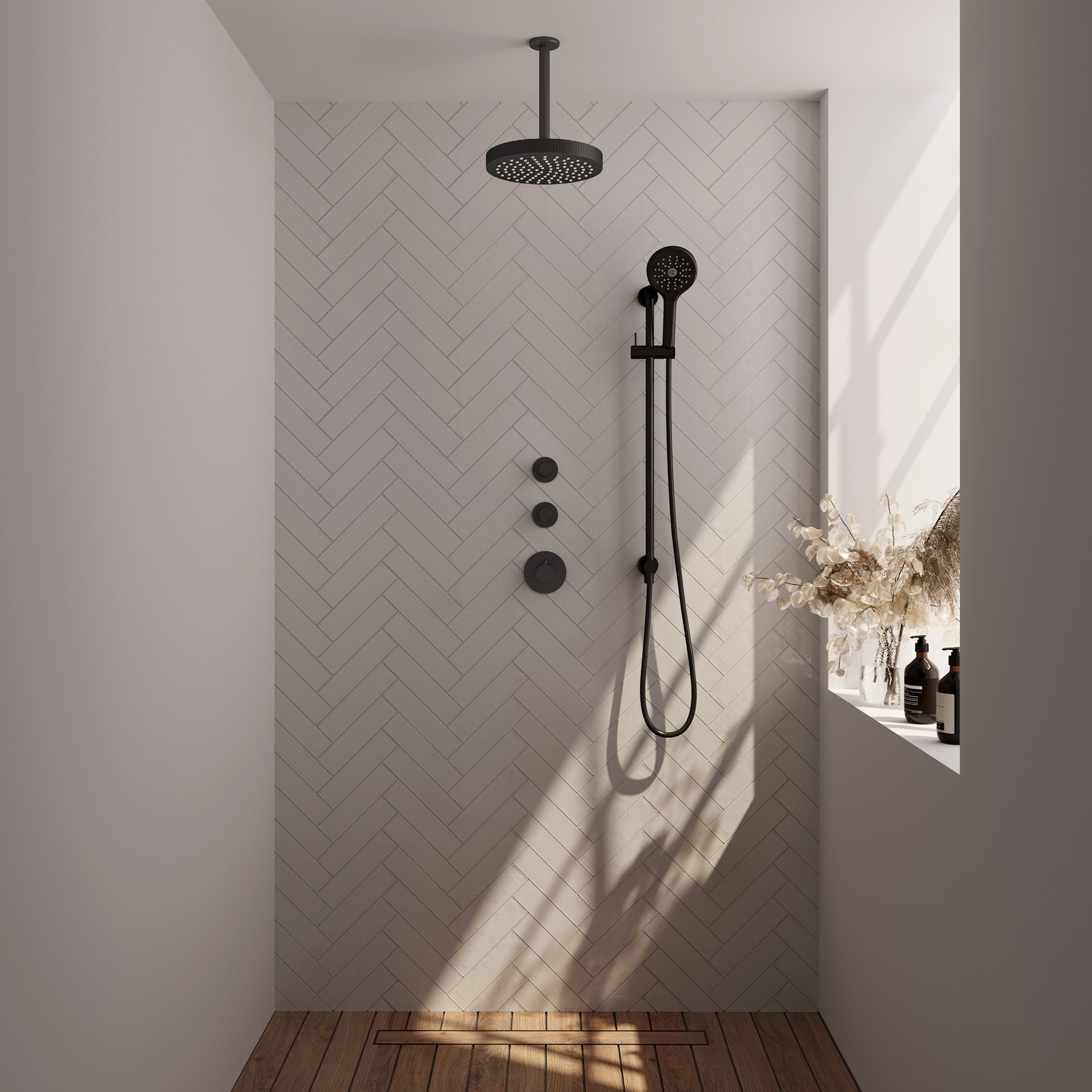 BRAUER Stripe thermostatische inbouw regendouche SET 12 met 25 cm douchekop en plafondarm en 3-standen handdouche en doucheslang en geïntegreerde glijstang mat zwart
