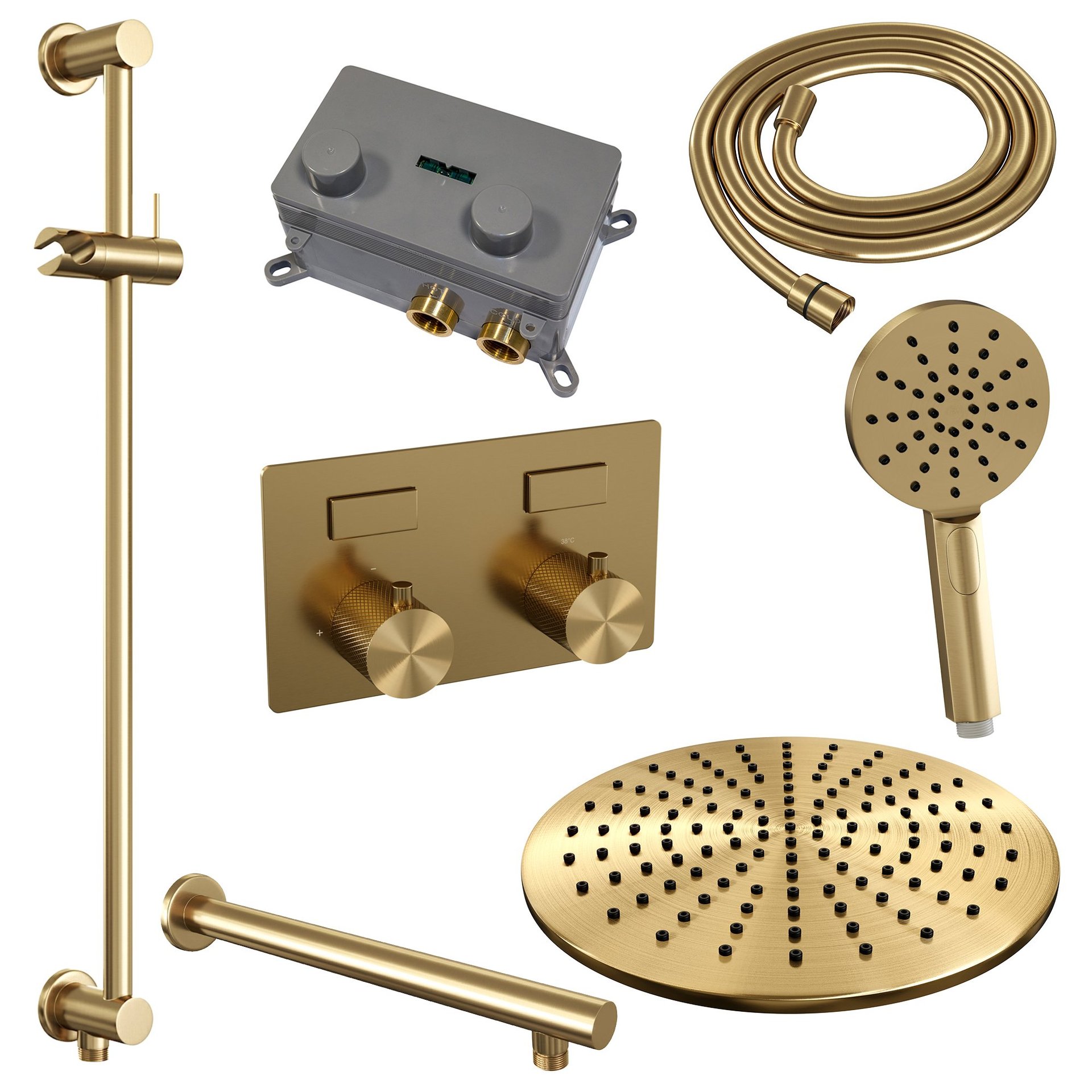 BRAUER Gold Carving thermostatische inbouw regendouche met drukknoppen SET 68 met 30 cm douchekop en rechte muurarm en 3-standen handdouche en doucheslang en geïntegreerde glijstang goud geborsteld PVD