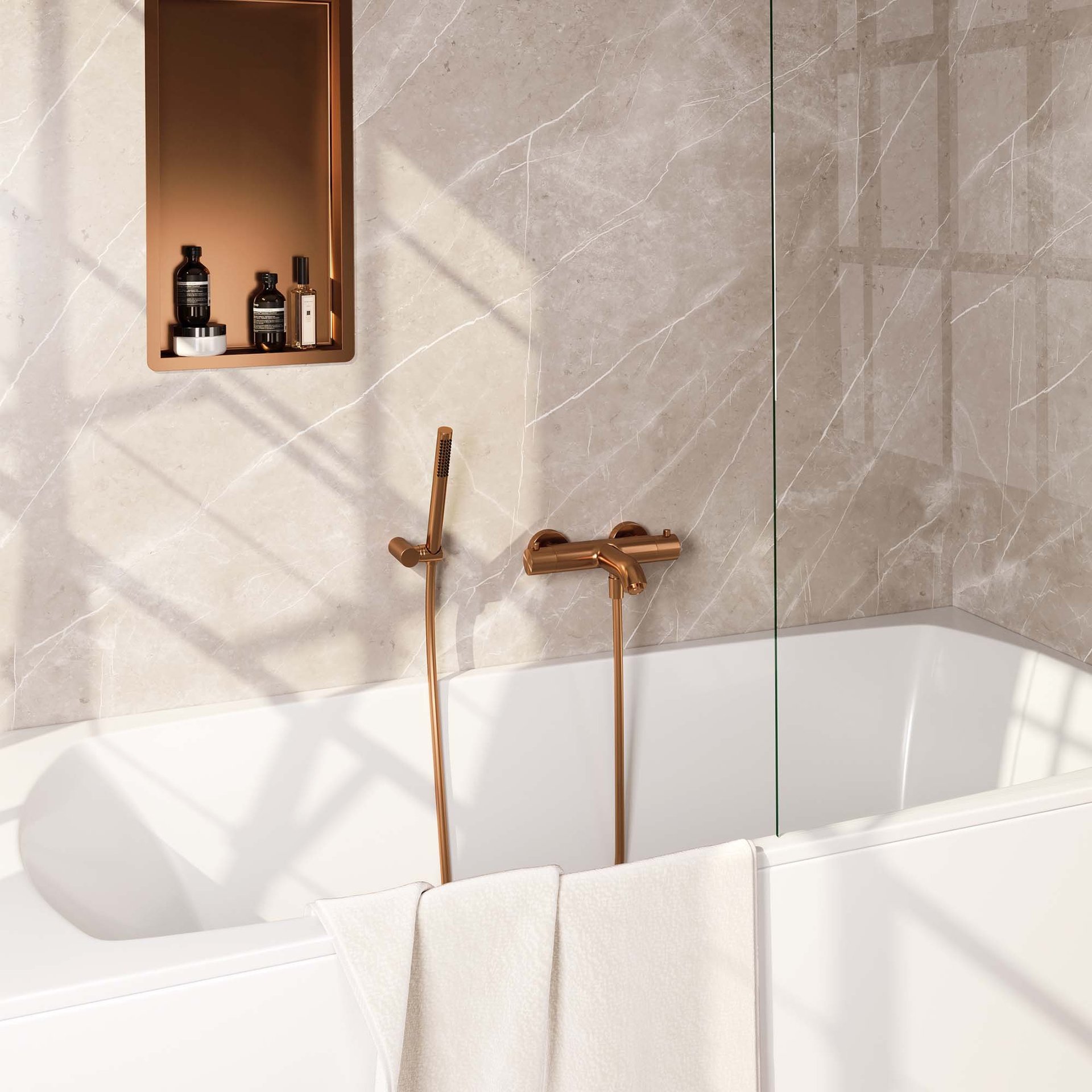 BRAUER Copper Edition opbouw baddouche thermostaatkraan SET 03 met wandhouder en staaf handdouche en doucheslang koper geborsteld PVD