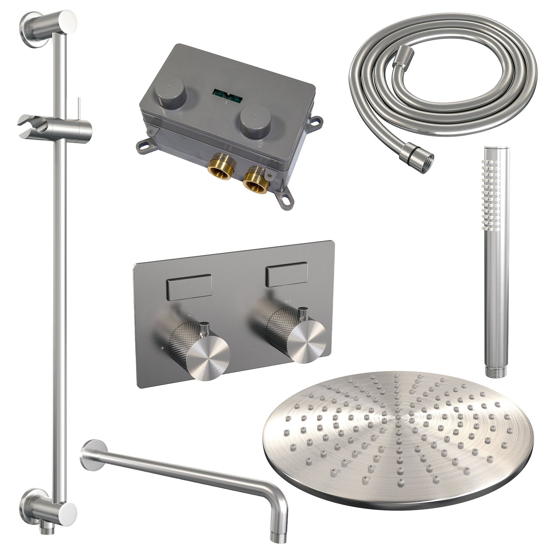 BRAUER Brushed Carving thermostatische inbouw regendouche met drukknoppen SET 64 met 30 cm douchekop en gebogen muurarm en staaf handdouche en doucheslang en geïntegreerde glijstang RVS geborsteld PVD