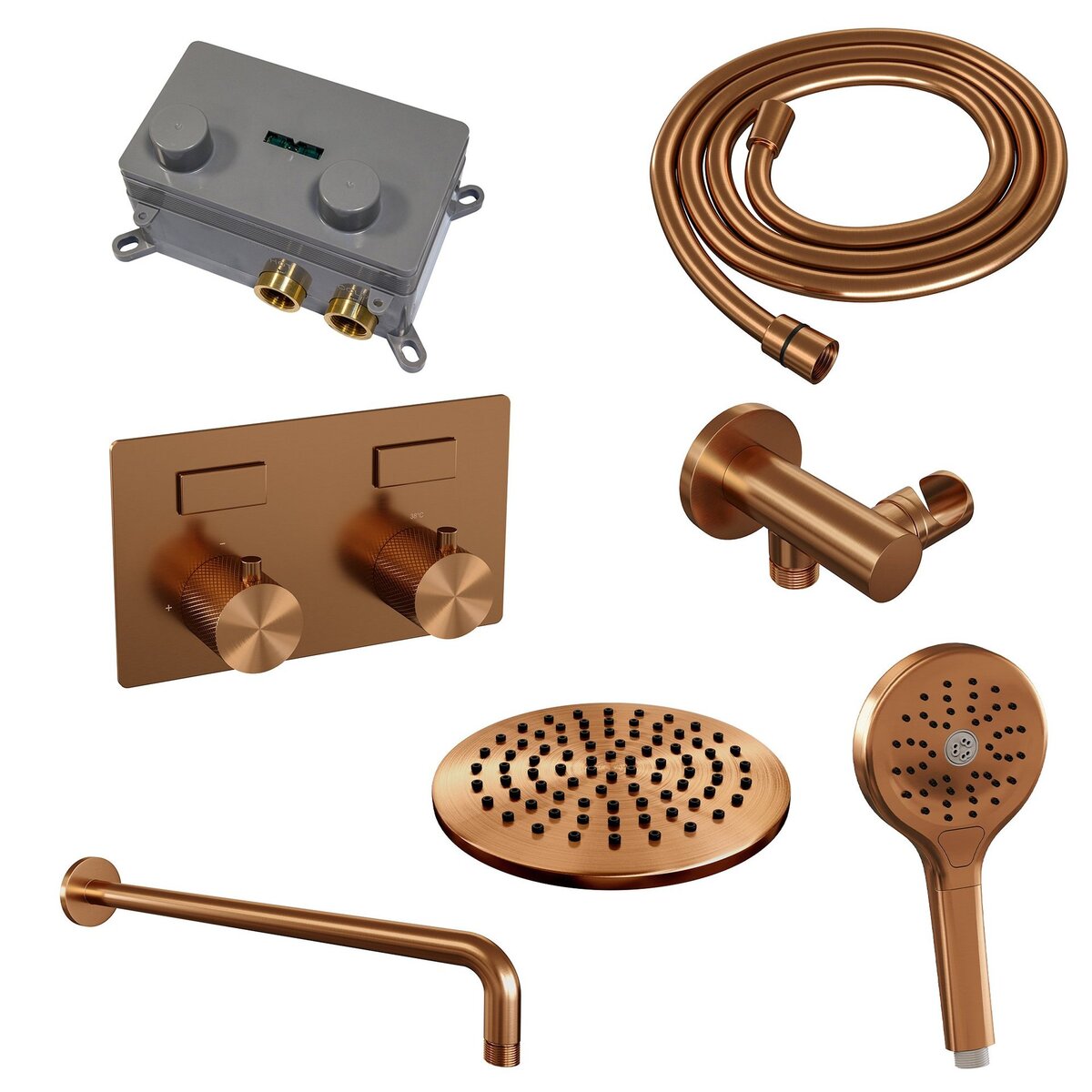 BRAUER Copper Carving thermostatische inbouw regendouche met drukknoppen SET 57 met 20 cm douchekop en gebogen muurarm en 3-standen handdouche en doucheslang en wandaansluitbocht koper geborsteld PVD