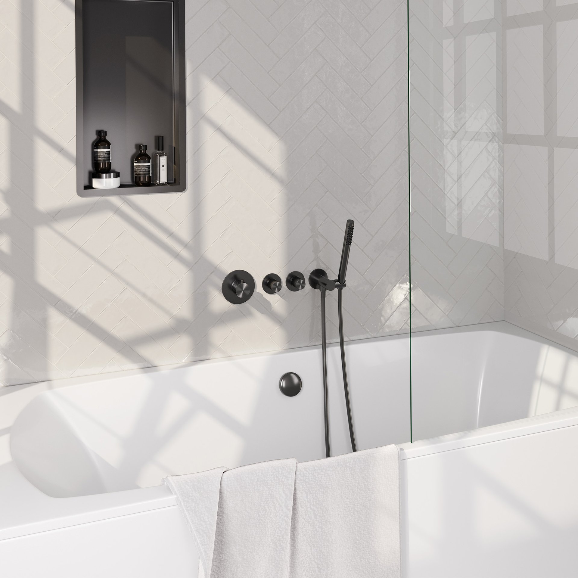 BRAUER Stripe thermostatische inbouw badkraan SET 01 met badvulcombinatie en staaf handdouche en doucheslang en wandaansluitbocht gunmetal geborsteld PVD