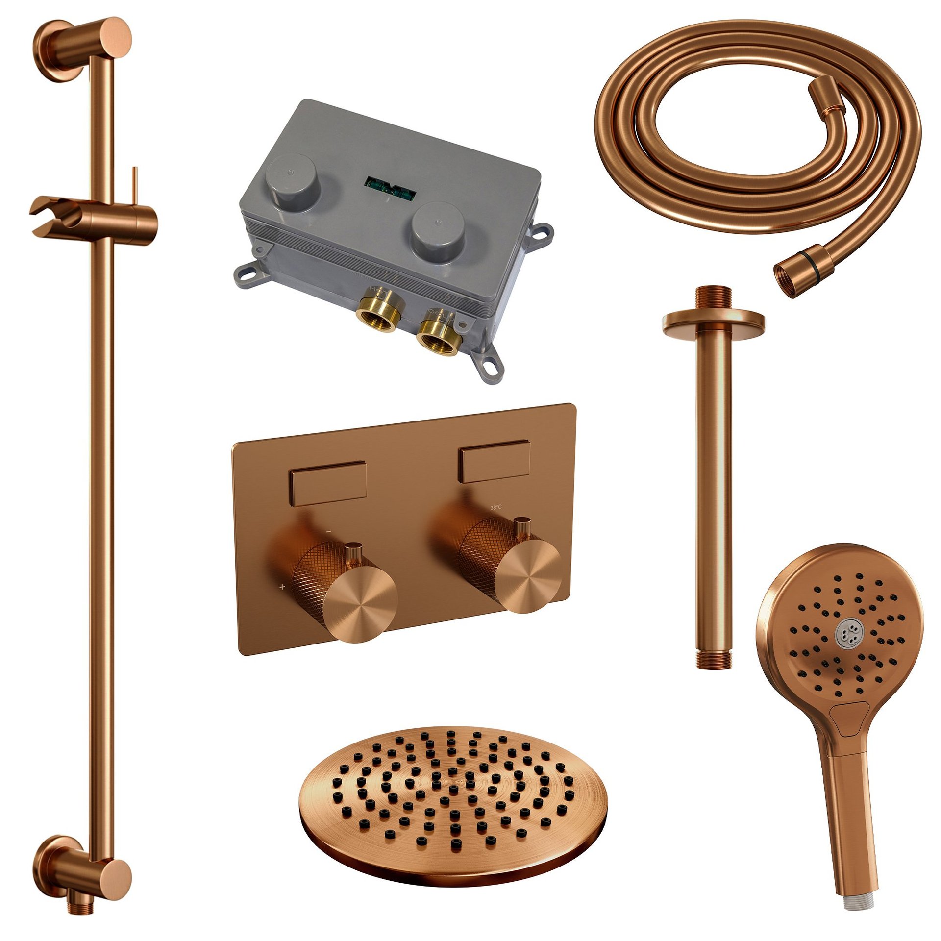 BRAUER Copper Carving thermostatische inbouw regendouche met drukknoppen SET 71 met 20 cm douchekop en plafondarm en 3-standen handdouche en doucheslang en geïntegreerde glijstang koper geborsteld PVD