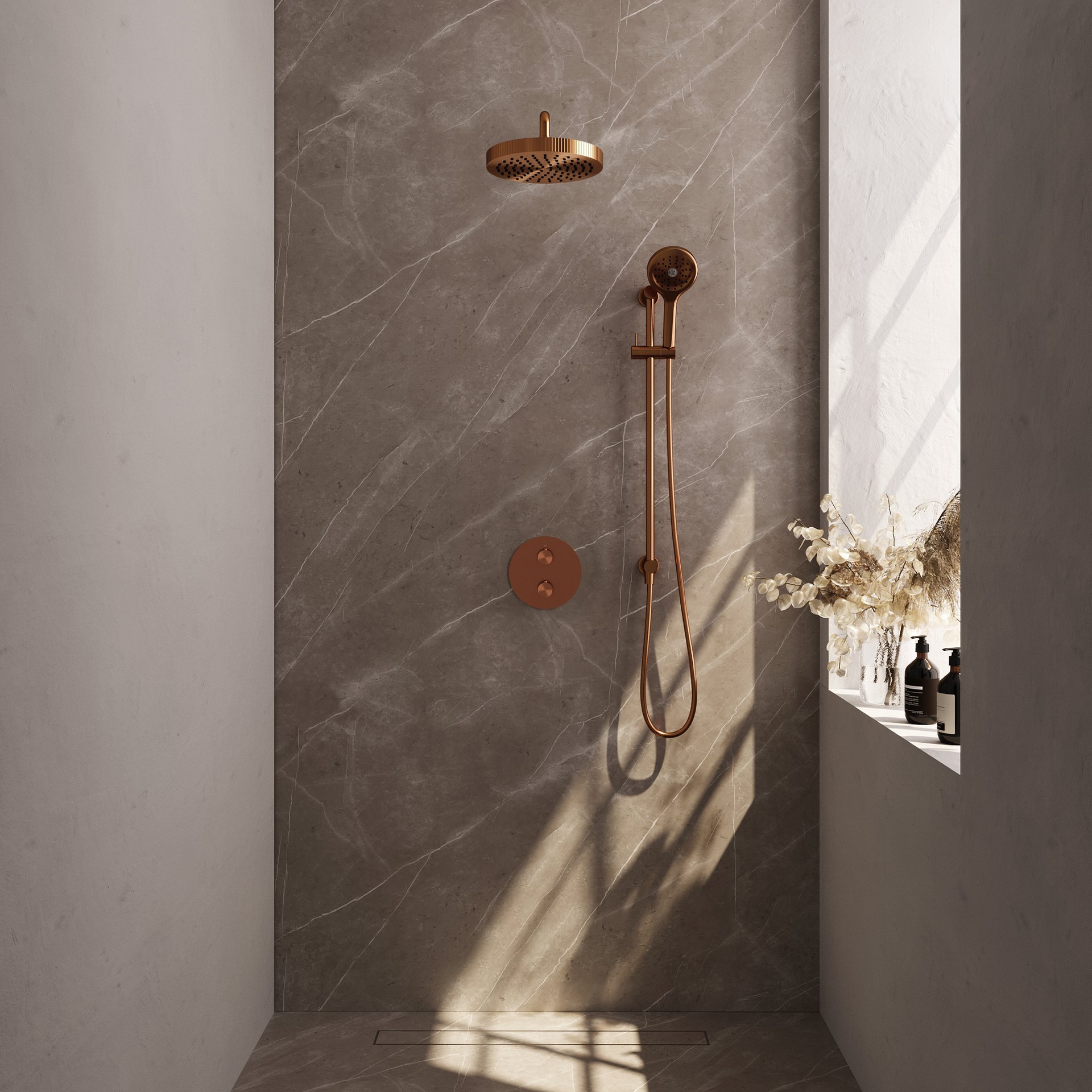 BRAUER Stripe thermostatische inbouw regendouche 3-weg rond SET 47 met 25 cm douchekop en gebogen muurarm en 3-standen handdouche en doucheslang en geïntegreerde glijstang koper geborsteld PVD