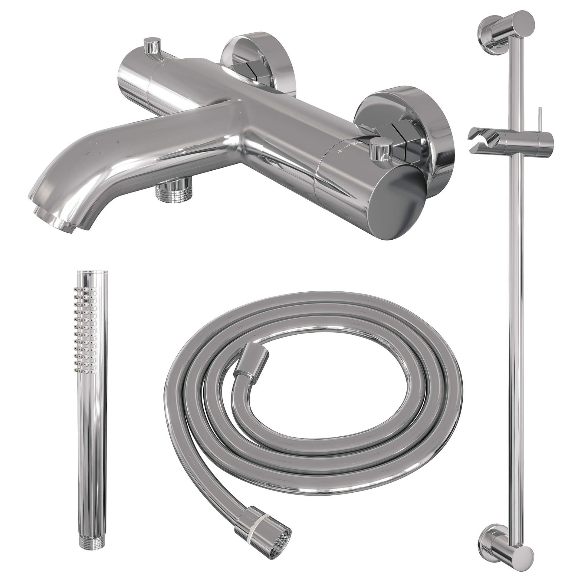 BRAUER Chrome Edition opbouw baddouche thermostaatkraan SET 01 met glijstang en staaf handdouche en doucheslang chroom