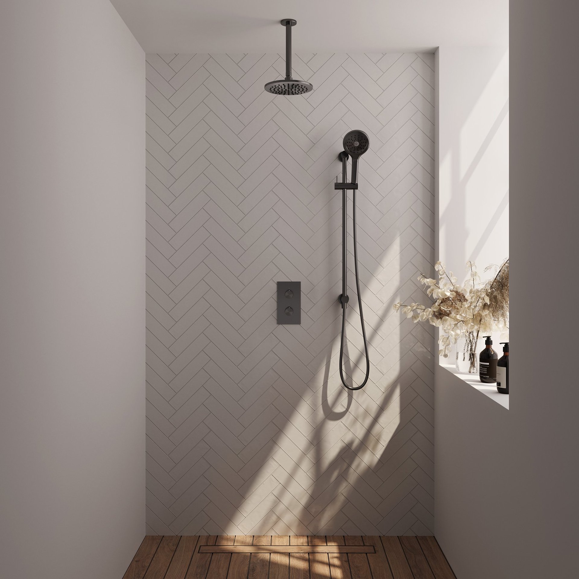 BRAUER Gunmetal Edition thermostatische inbouw regendouche 3-weg rechthoekig SET 47 met 20 cm douchekop en plafondarm en 3-standen handdouche en doucheslang en geïntegreerde glijstang gunmetal geborsteld PVD