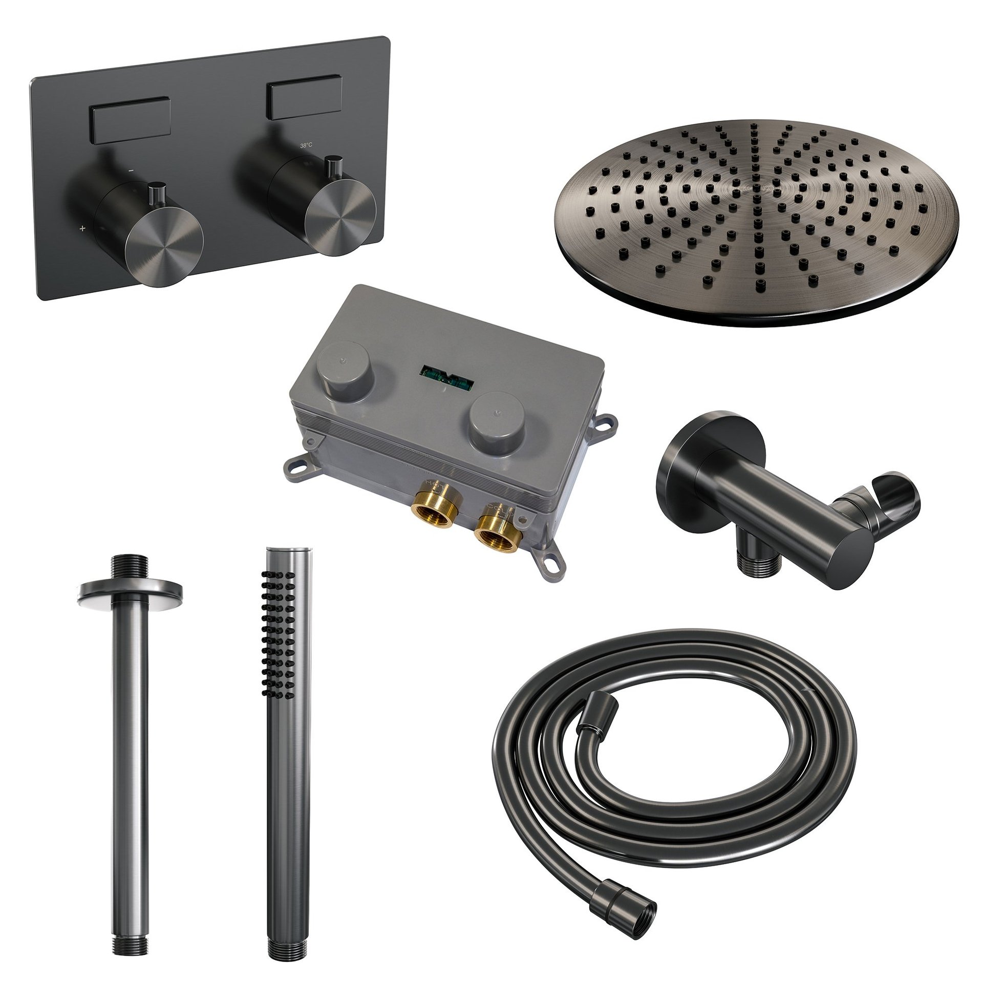 BRAUER Gunmetal Edition thermostatische inbouw regendouche met drukknoppen SET 54 met 30 cm douchekop en plafondarm en staaf handdouche en doucheslang en wandaansluitbocht gunmetal geborsteld PVD