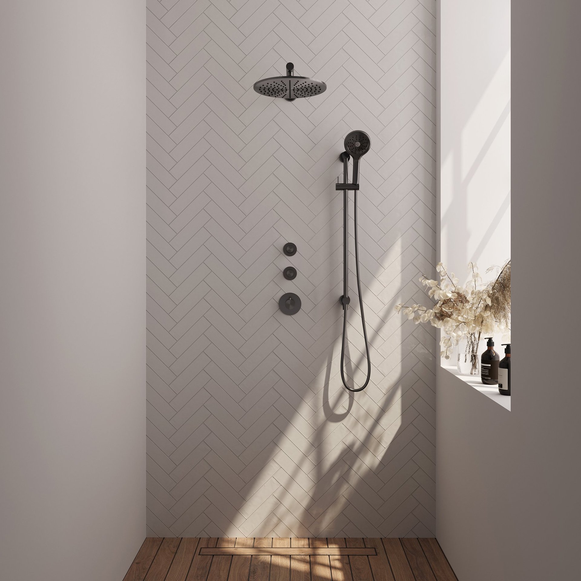 BRAUER Gunmetal Carving thermostatische inbouw regendouche SET 20 met 30 cm douchekop en rechte muurarm en 3-standen handdouche en doucheslang en geïntegreerde glijstang gunmetal geborsteld PVD