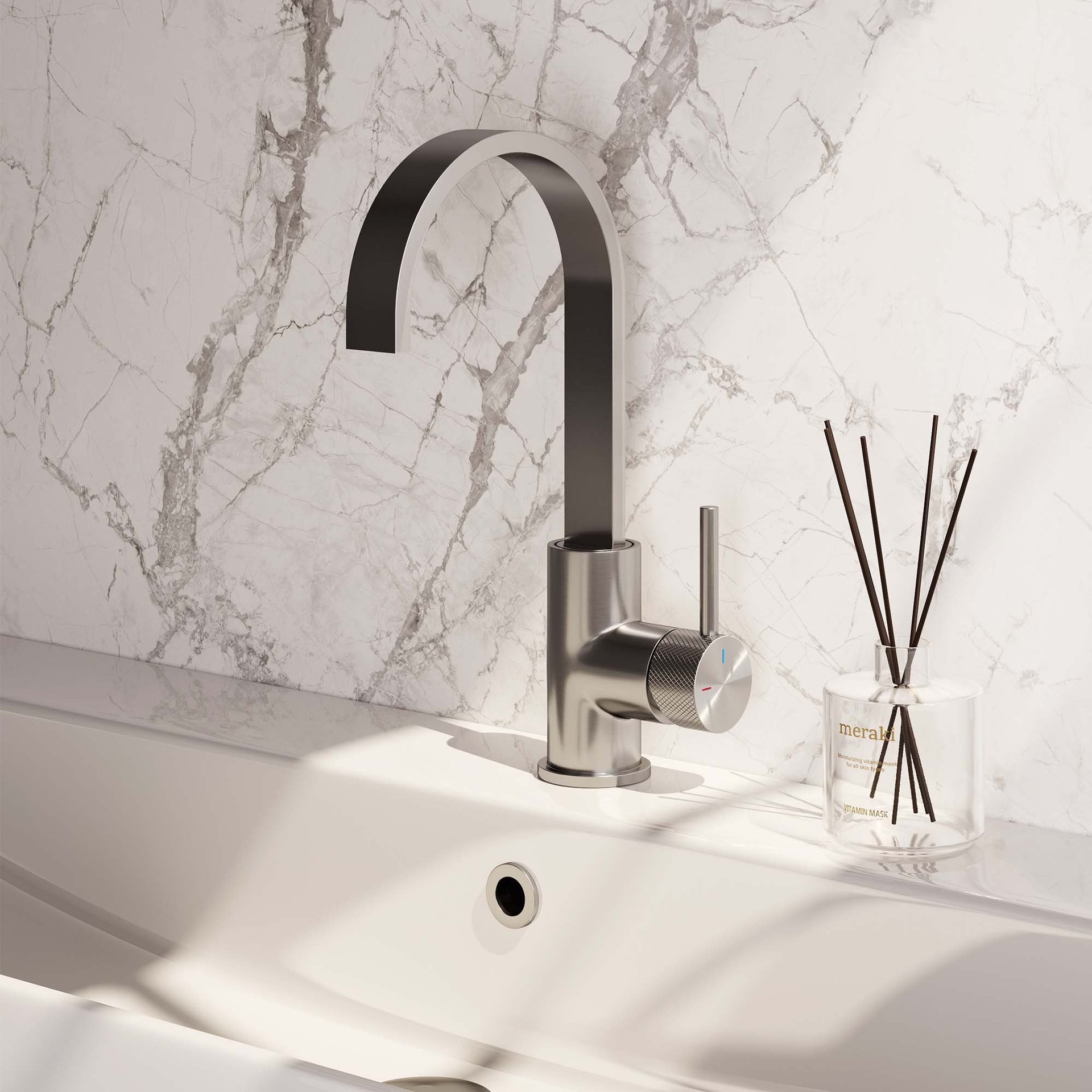 BRAUER Brushed Carving hoge opbouw wastafelmengkraan met draaibare platte uitloop model A RVS geborsteld PVD
