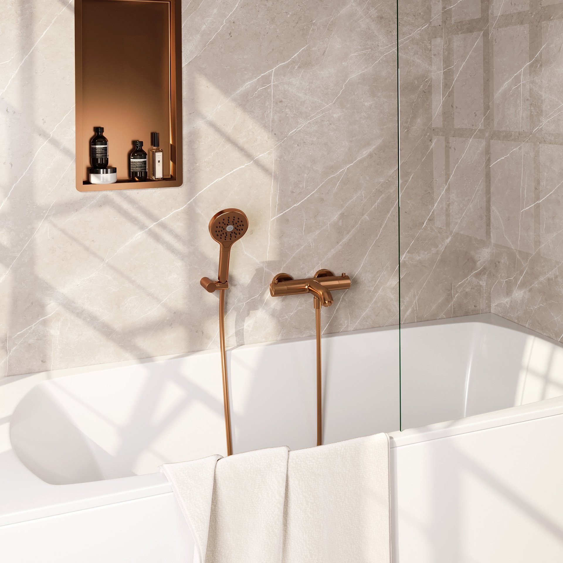 BRAUER Copper Edition opbouw baddouche thermostaatkraan SET 04 met wandhouder en 3-standen handdouche en doucheslang koper geborsteld PVD