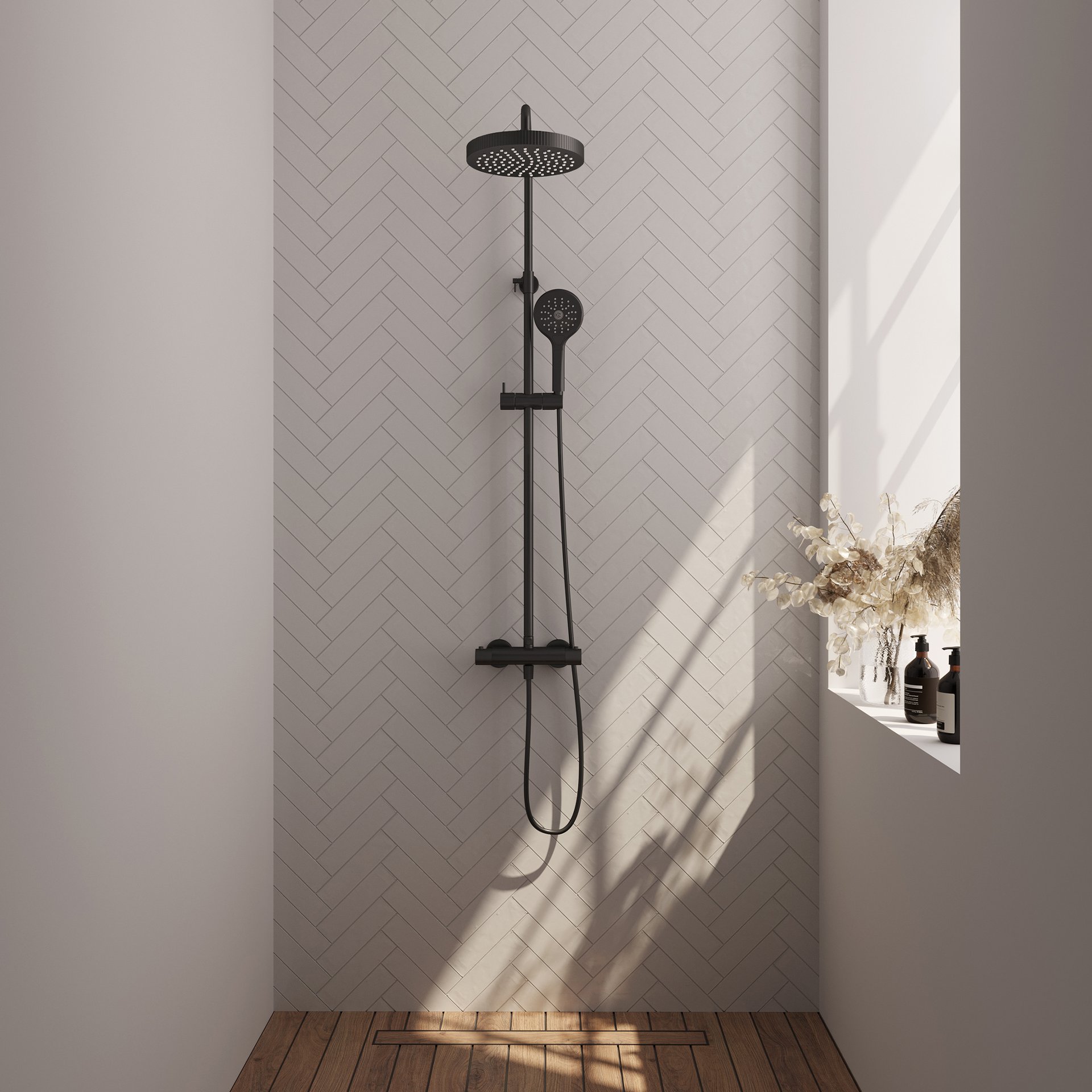 BRAUER Stripe opbouw thermostatische regendouche SET 02 met 25 cm hoofddouche en 3-standen handdouche en doucheslang mat zwart