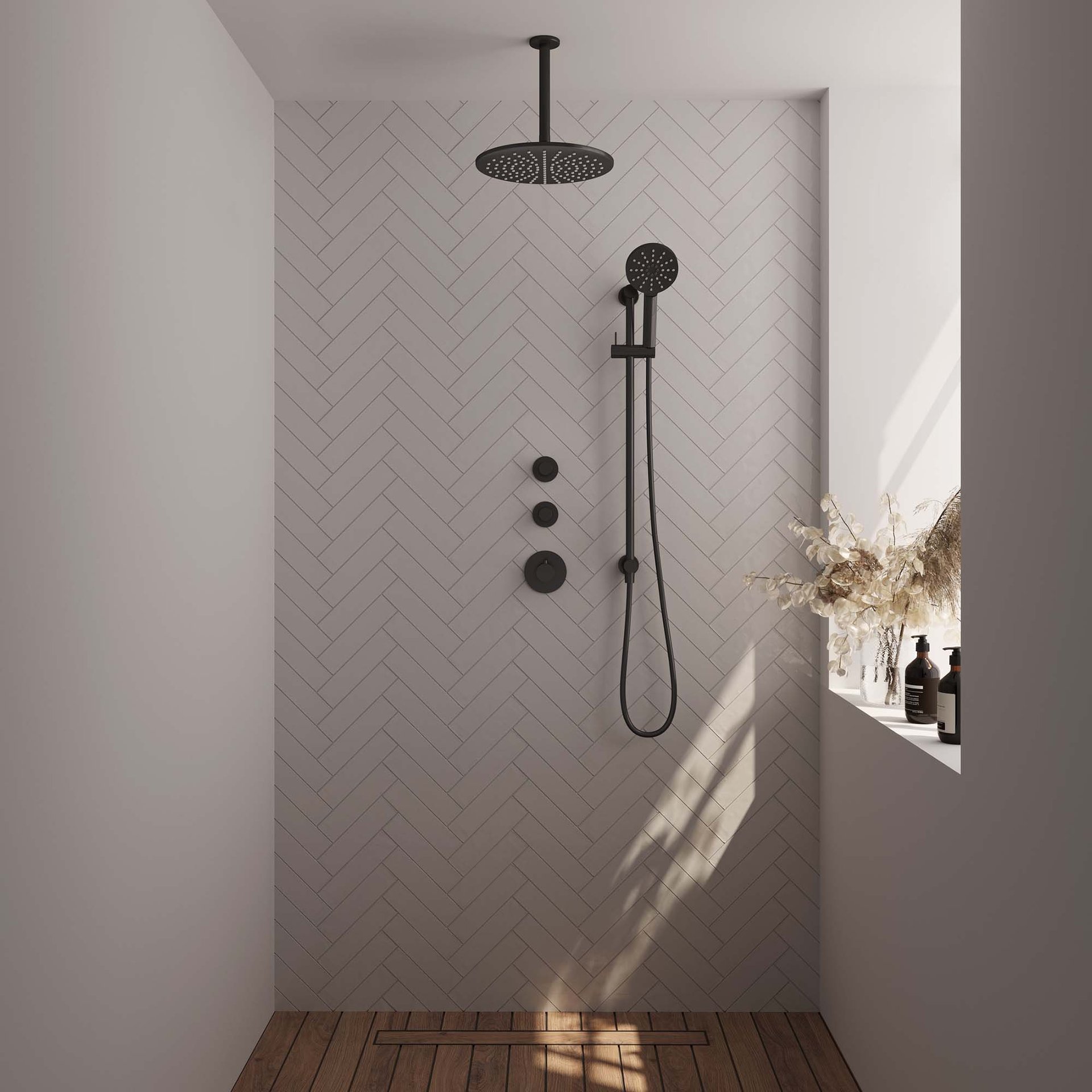 BRAUER Black Carving thermostatische inbouw regendouche SET 24 met 30 cm douchekop en plafondarm en 3-standen handdouche en doucheslang en geïntegreerde glijstang mat zwart