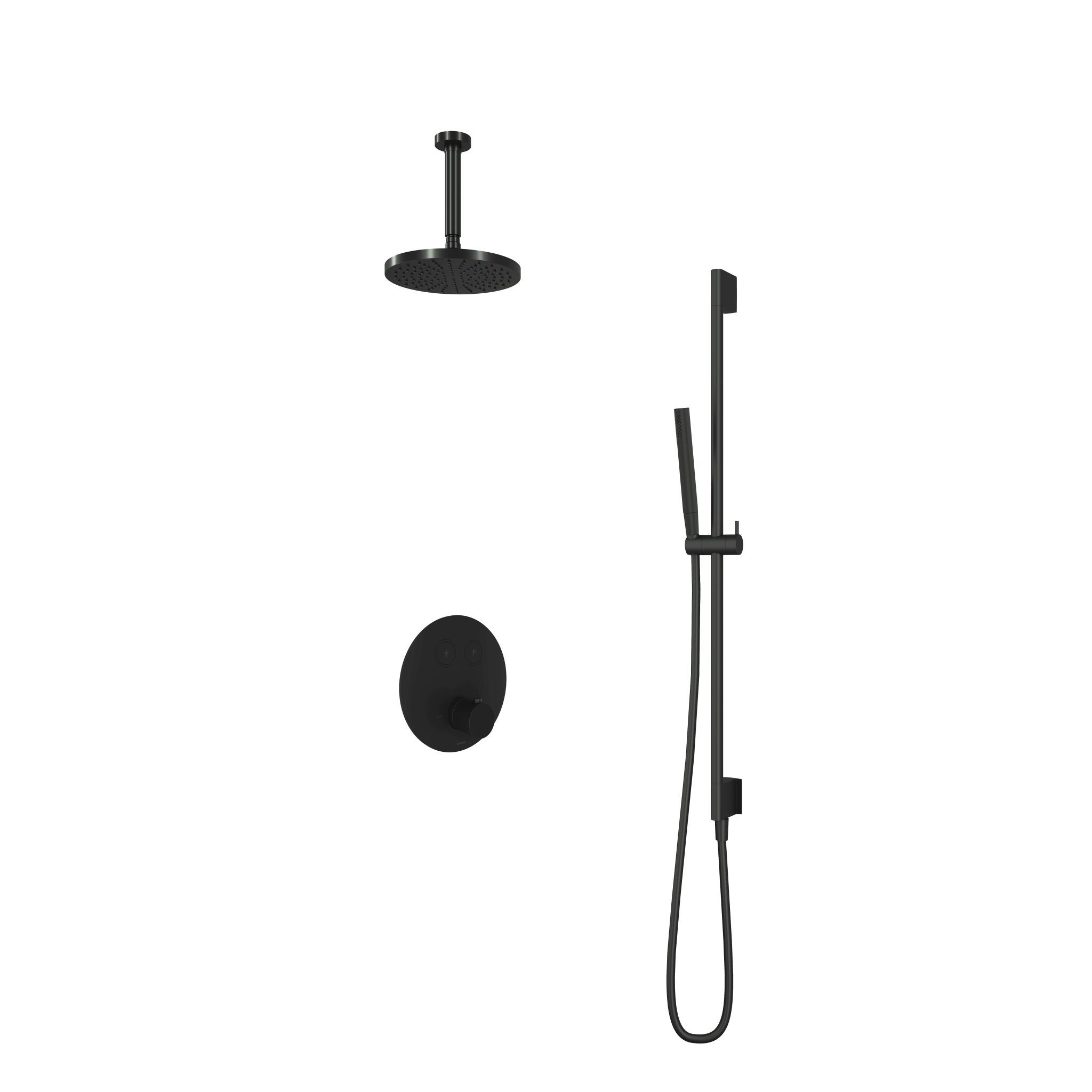 Hotbath Cobber Inbouw Regendoucheset Thermostaatkraan Met 2 Pushbuttons Rond, Plafondbuis 15cm, Hoofddouche 20cm, Staafhanddouche En Glijstang Mat Zwart