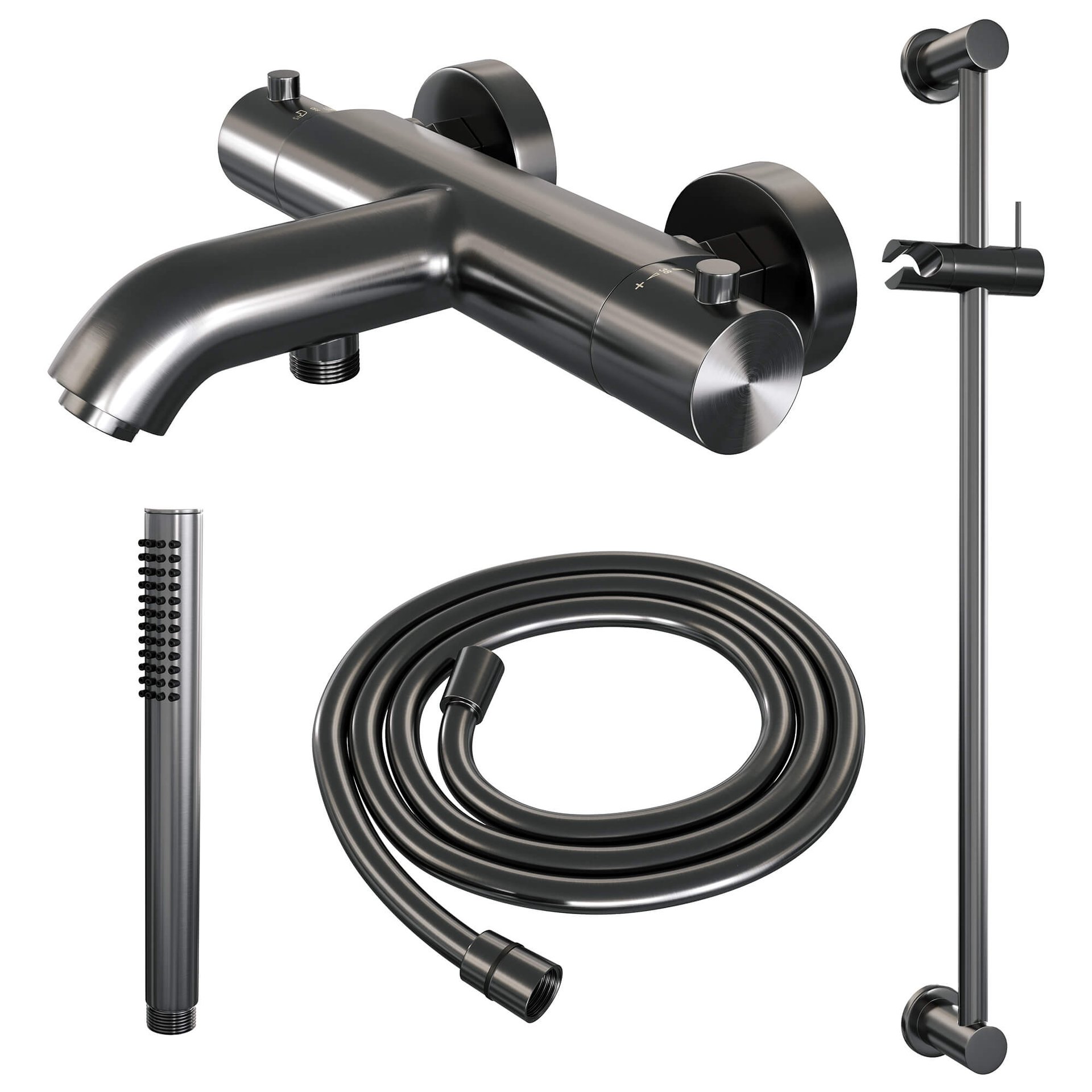 BRAUER Gunmetal Edition opbouw baddouche thermostaatkraan SET 01 met glijstang en staaf handdouche en doucheslang gunmetal geborsteld PVD