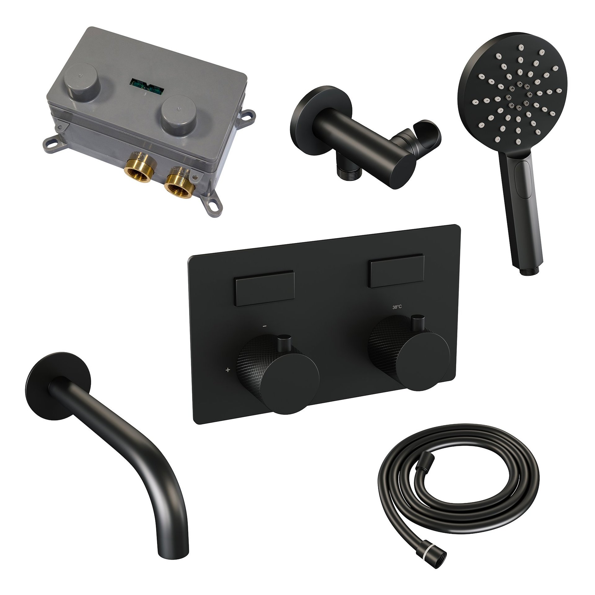BRAUER Black Carving thermostatische inbouw badkraan met drukknoppen SET 04 met uitloop en 3-standen handdouche en doucheslang en wandaansluitbocht mat zwart