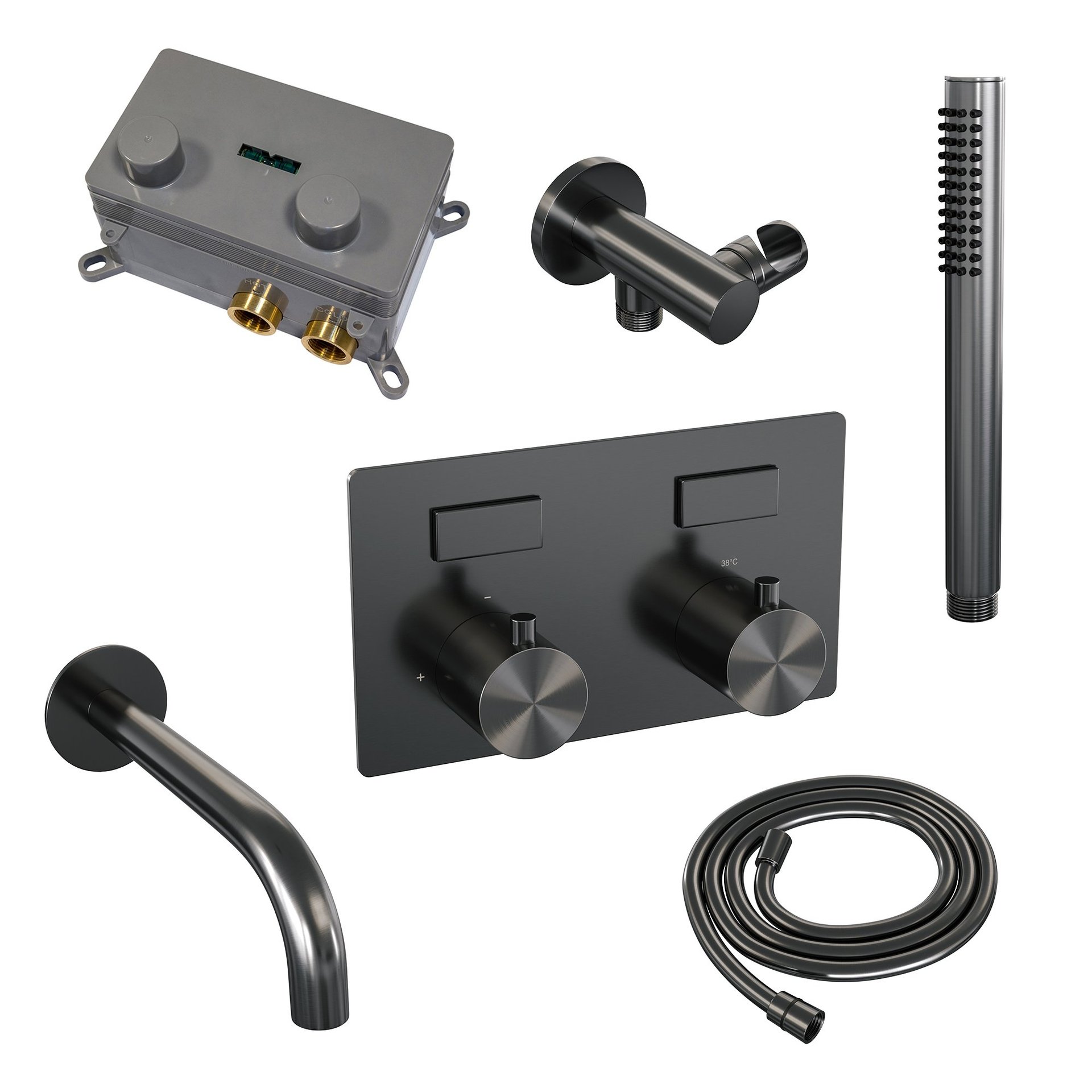 BRAUER Gunmetal Edition thermostatische inbouw badkraan met drukknoppen SET 03 met uitloop en staaf handdouche en doucheslang en wandaansluitbocht gunmetal geborsteld PVD
