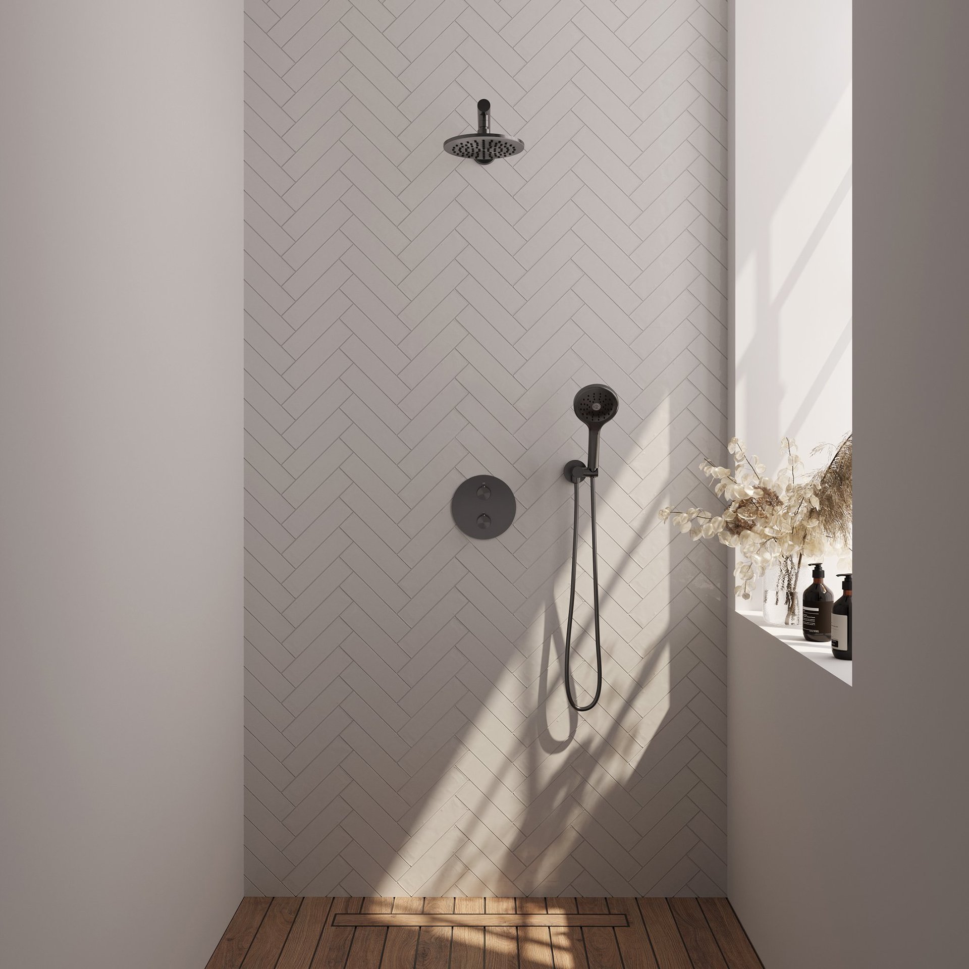 BRAUER Gunmetal Edition thermostatische inbouw regendouche 3-weg rond SET 79 met 20 cm douchekop en rechte muurarm en 3-standen handdouche en doucheslang en wandaansluitbocht gunmetal geborsteld PVD