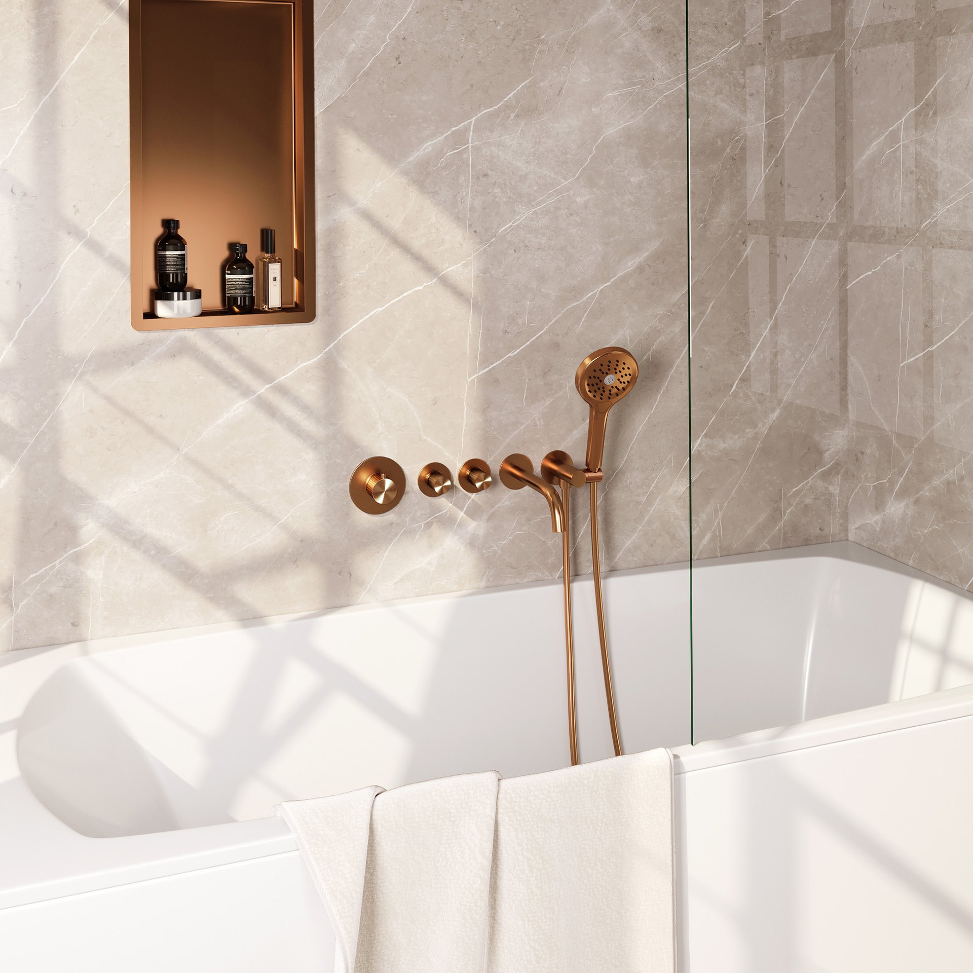 BRAUER Stripe thermostatische inbouw badkraan SET 02 met uitloop en 3-standen handdouche en doucheslang en wandaansluitbocht koper geborsteld PVD
