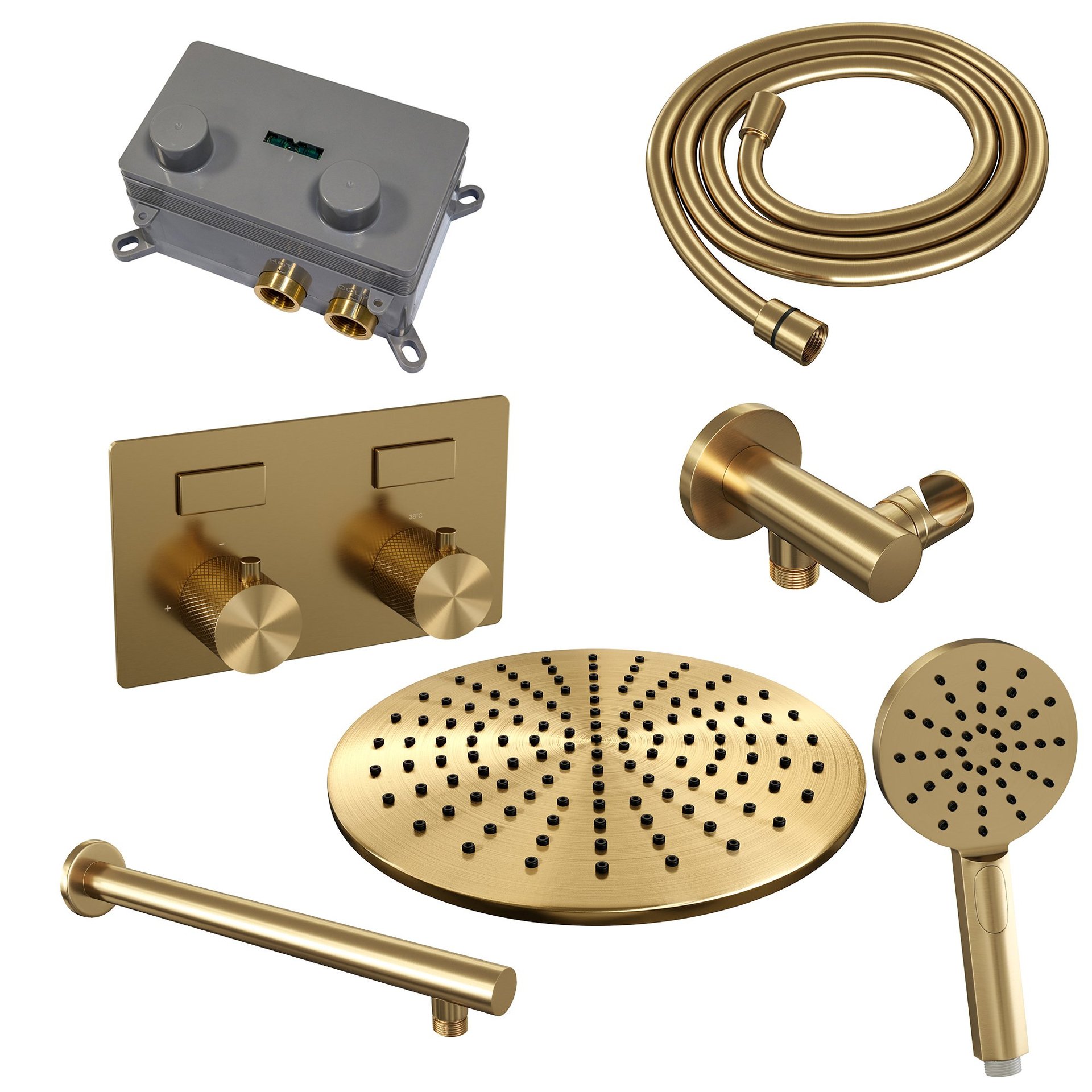 BRAUER Gold Carving thermostatische inbouw regendouche met drukknoppen SET 56 met 30 cm douchekop en rechte muurarm en 3-standen handdouche en doucheslang en wandaansluitbocht goud geborsteld PVD