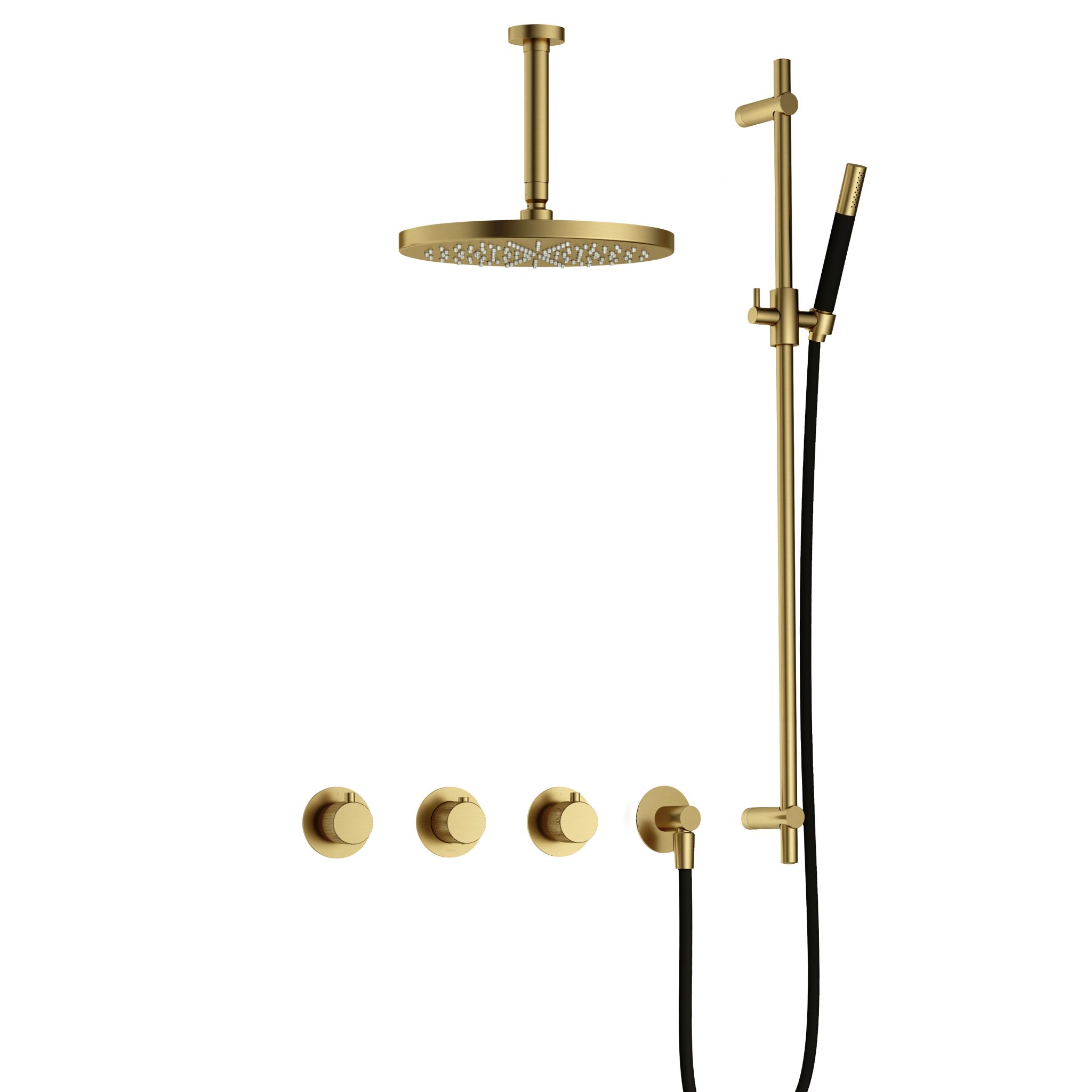 Hotbath Cobber X Inbouw Regendoucheset Met 2 Stopkranen, Plafondbuis 15cm, Hoofddouche 30cm, Staafhanddouche En Glijstang Geborsteld Messing PVD