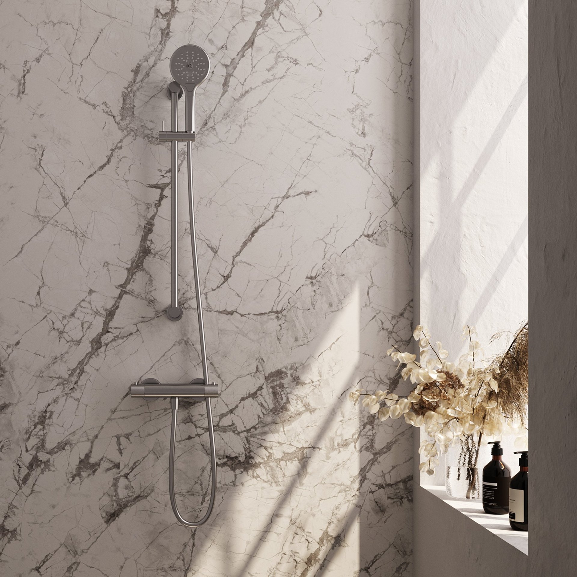 BRAUER Brushed Carving opbouw douche thermostaatkraan SET 02 met glijstang en 3-standen handdouche en doucheslang RVS geborsteld PVD