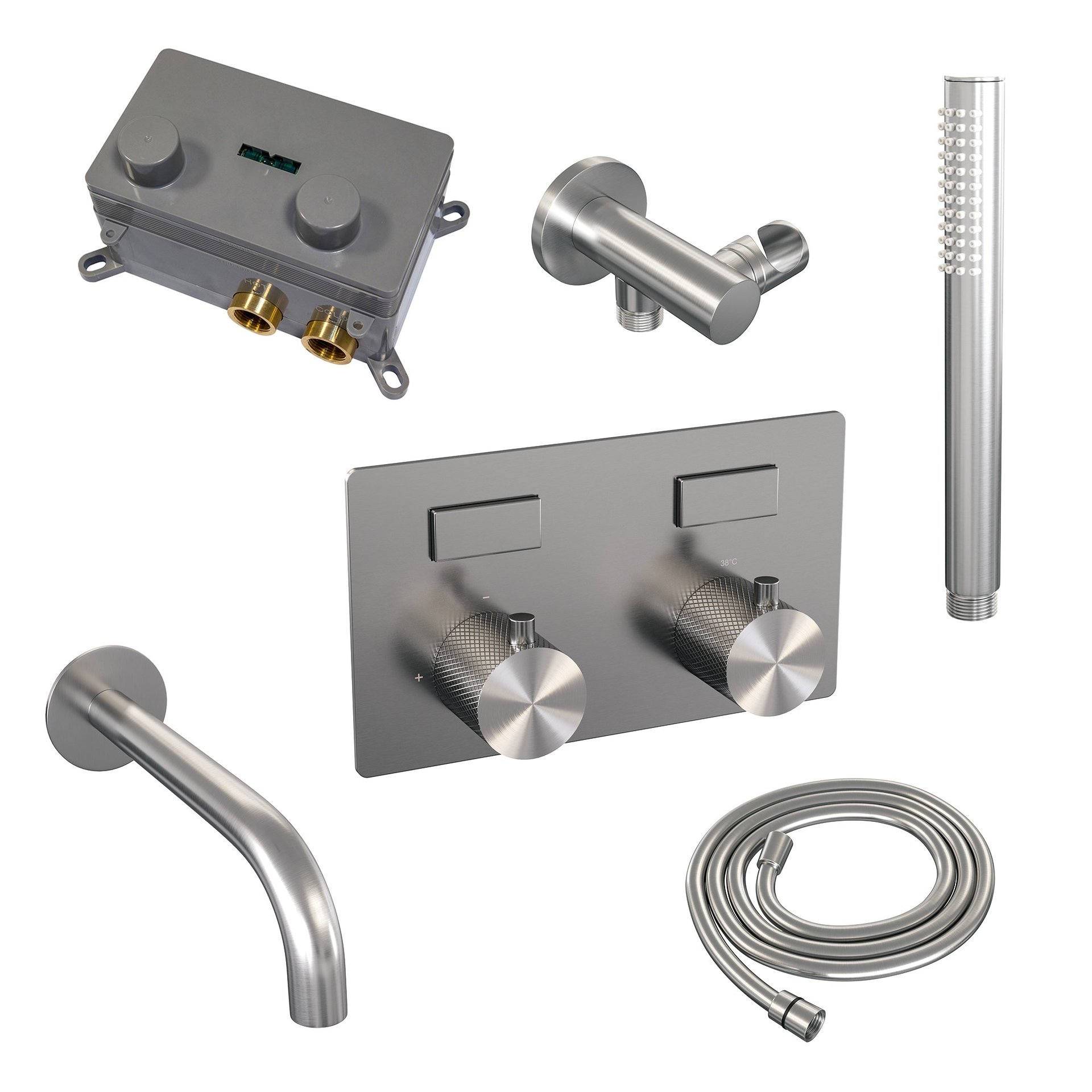 BRAUER Brushed Carving thermostatische inbouw badkraan met drukknoppen SET 03 met uitloop en staaf handdouche en doucheslang en wandaansluitbocht RVS geborsteld PVD