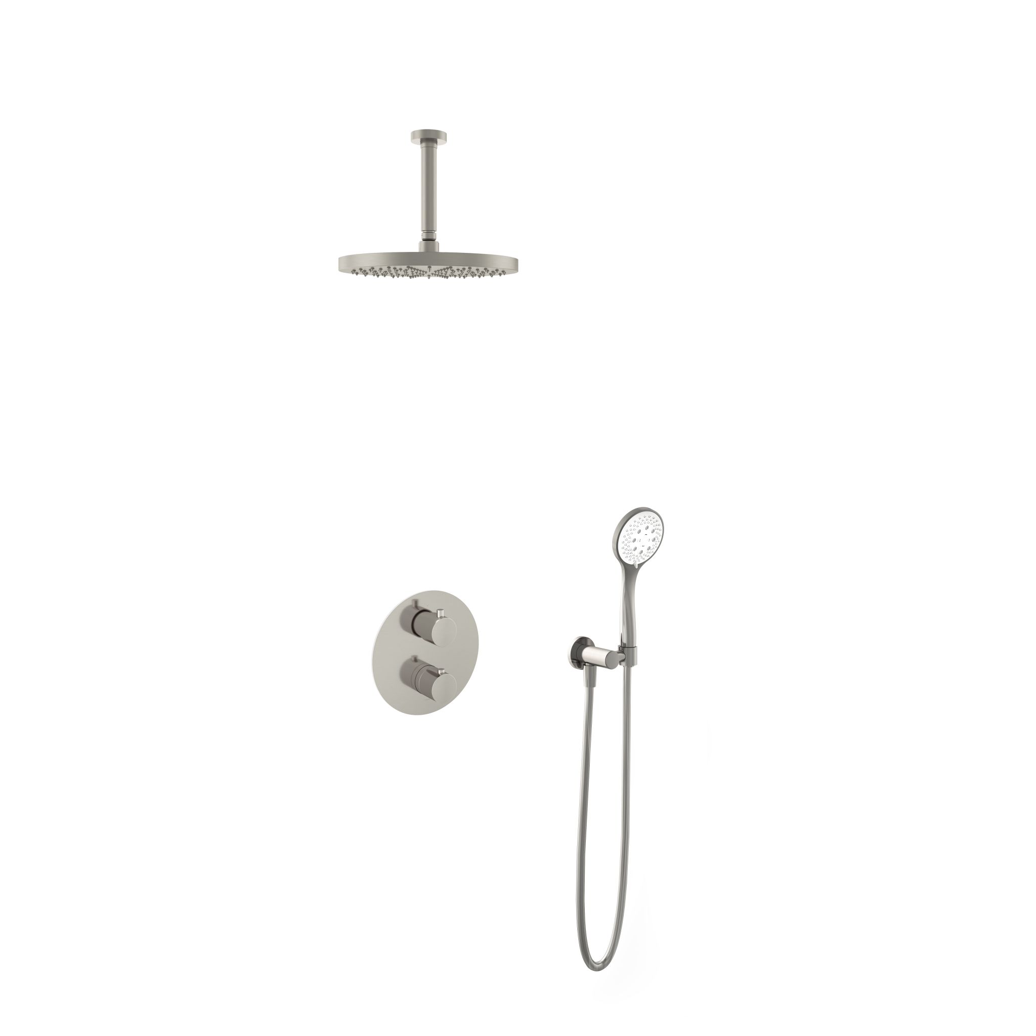 Hotbath Buddy Inbouw Regendoucheset Met 2-Weg-Omstel, Plafondbuis 15cm, Hoofddouche 30cm en 3-Standen Handdouche Geborsteld Nikkel