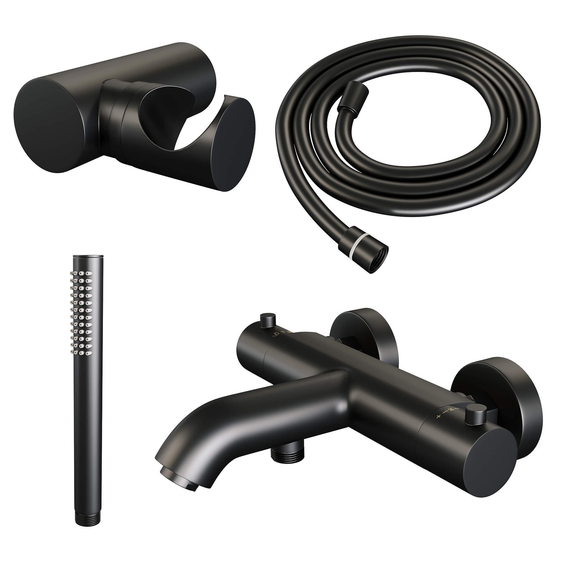 BRAUER Black Edition opbouw baddouche thermostaatkraan SET 03 met wandhouder en staaf handdouche en doucheslang mat zwart