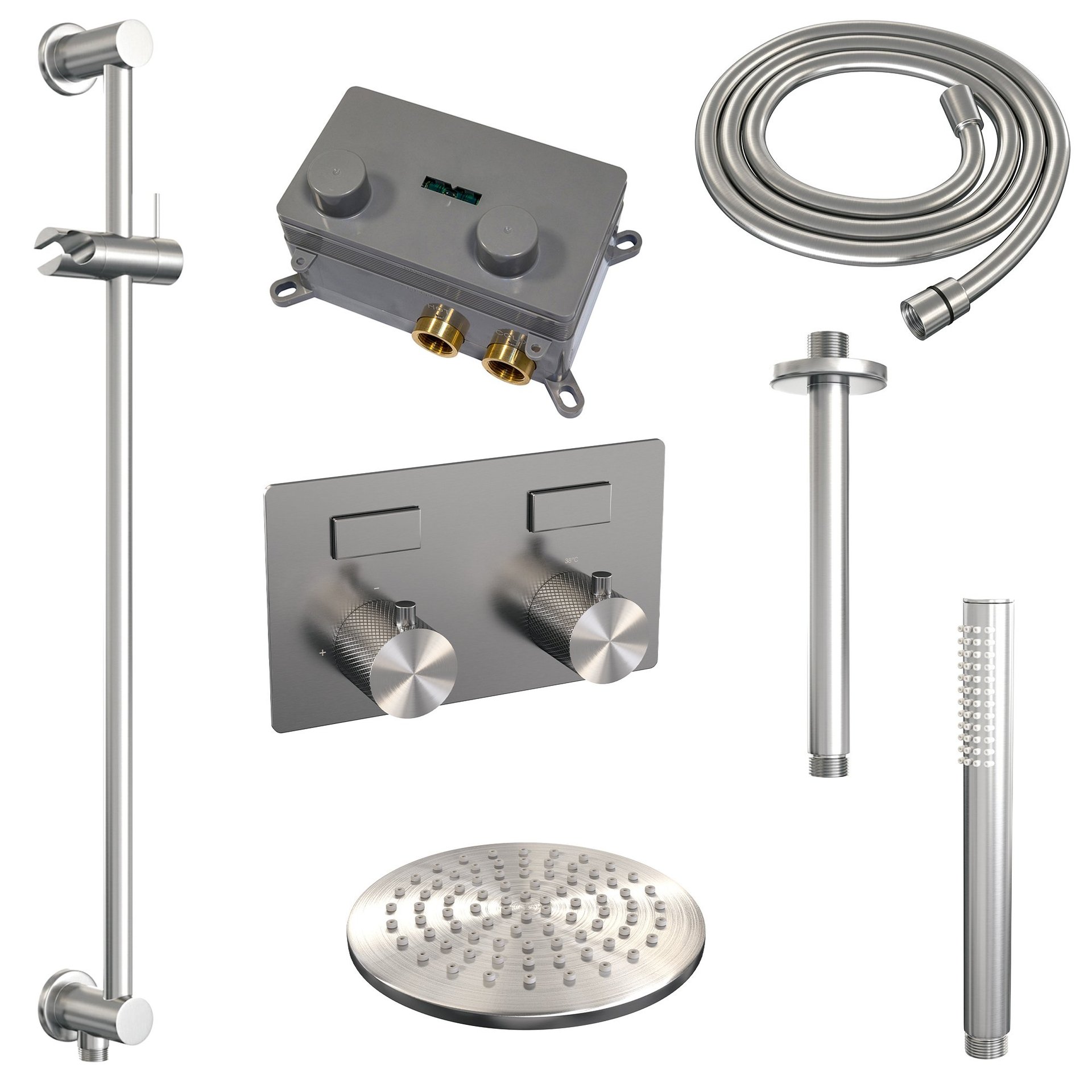 BRAUER Brushed Carving thermostatische inbouw regendouche met drukknoppen SET 65 met 20 cm douchekop en plafondarm en staaf handdouche en doucheslang en geïntegreerde glijstang RVS geborsteld PVD