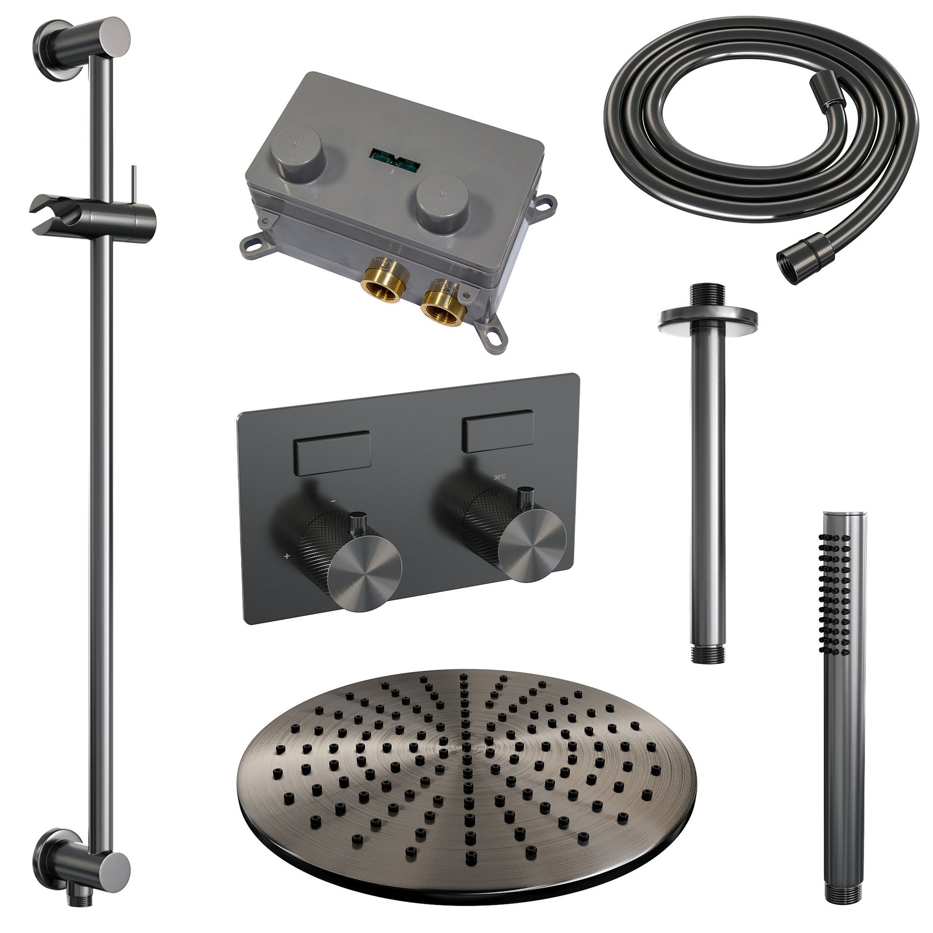 BRAUER Gunmetal Carving thermostatische inbouw regendouche met drukknoppen SET 66 met 30 cm douchekop en plafondarm en staaf handdouche en doucheslang en geïntegreerde glijstang gunmetal geborsteld PVD