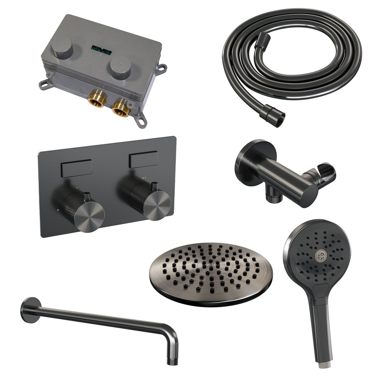 BRAUER Gunmetal Carving thermostatische inbouw regendouche met drukknoppen SET 57 met 20 cm douchekop en gebogen muurarm en 3-standen handdouche en doucheslang en wandaansluitbocht gunmetal geborsteld PVD