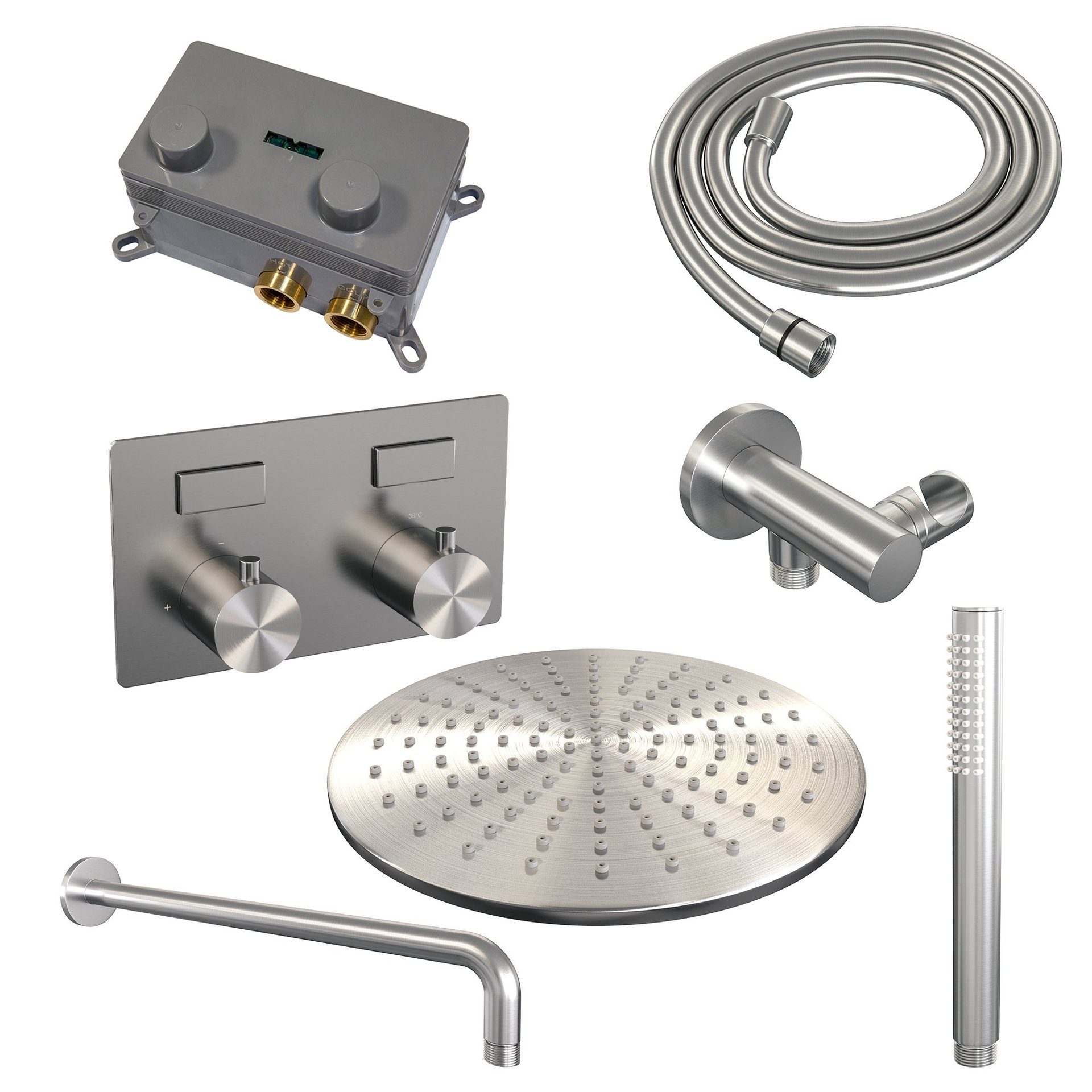 BRAUER Brushed Edition thermostatische inbouw regendouche met drukknoppen SET 52 met 30 cm douchekop en gebogen muurarm en staaf handdouche en doucheslang en wandaansluitbocht RVS geborsteld PVD