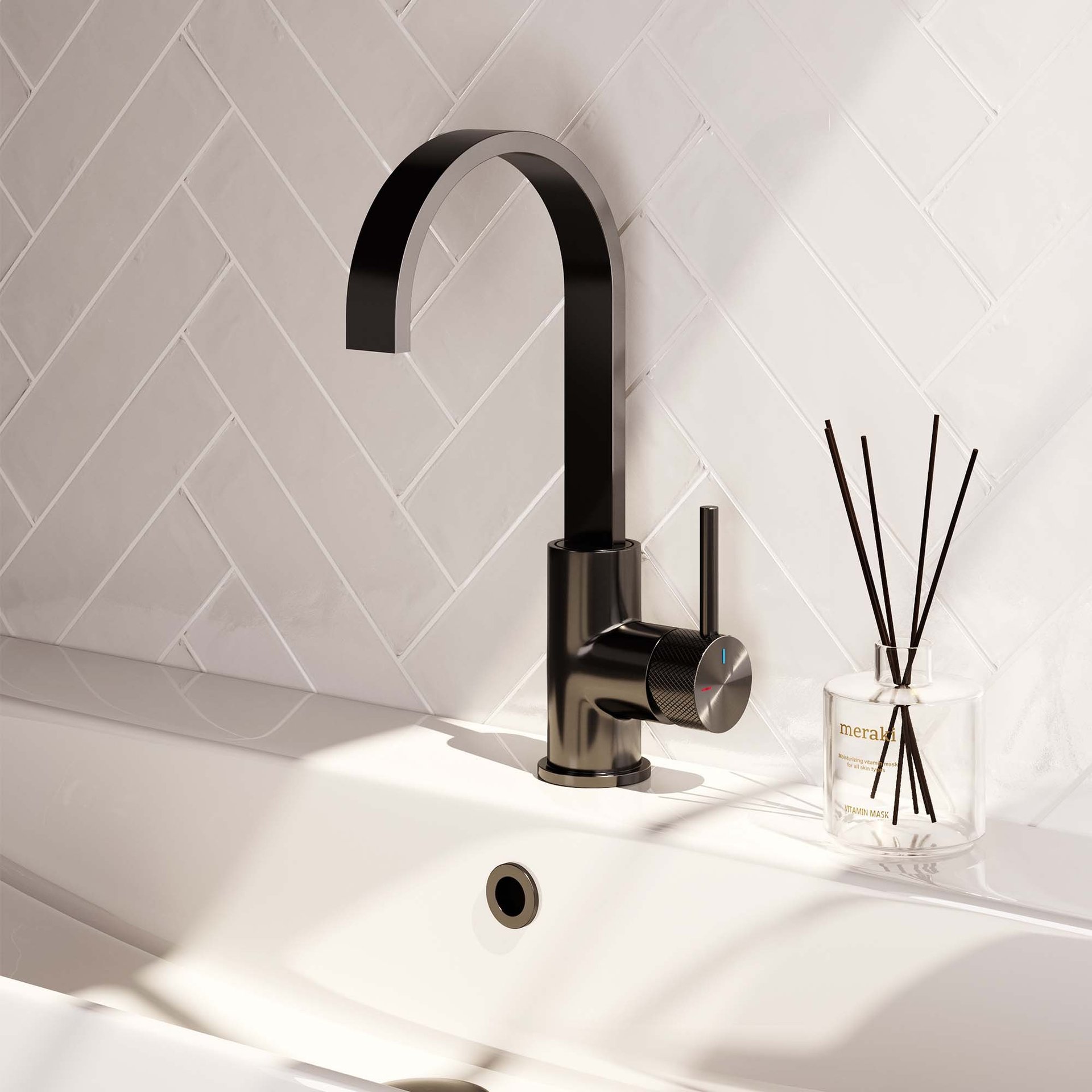 BRAUER Gunmetal Carving hoge opbouw wastafelmengkraan met draaibare platte uitloop model A gunmetal geborsteld PVD