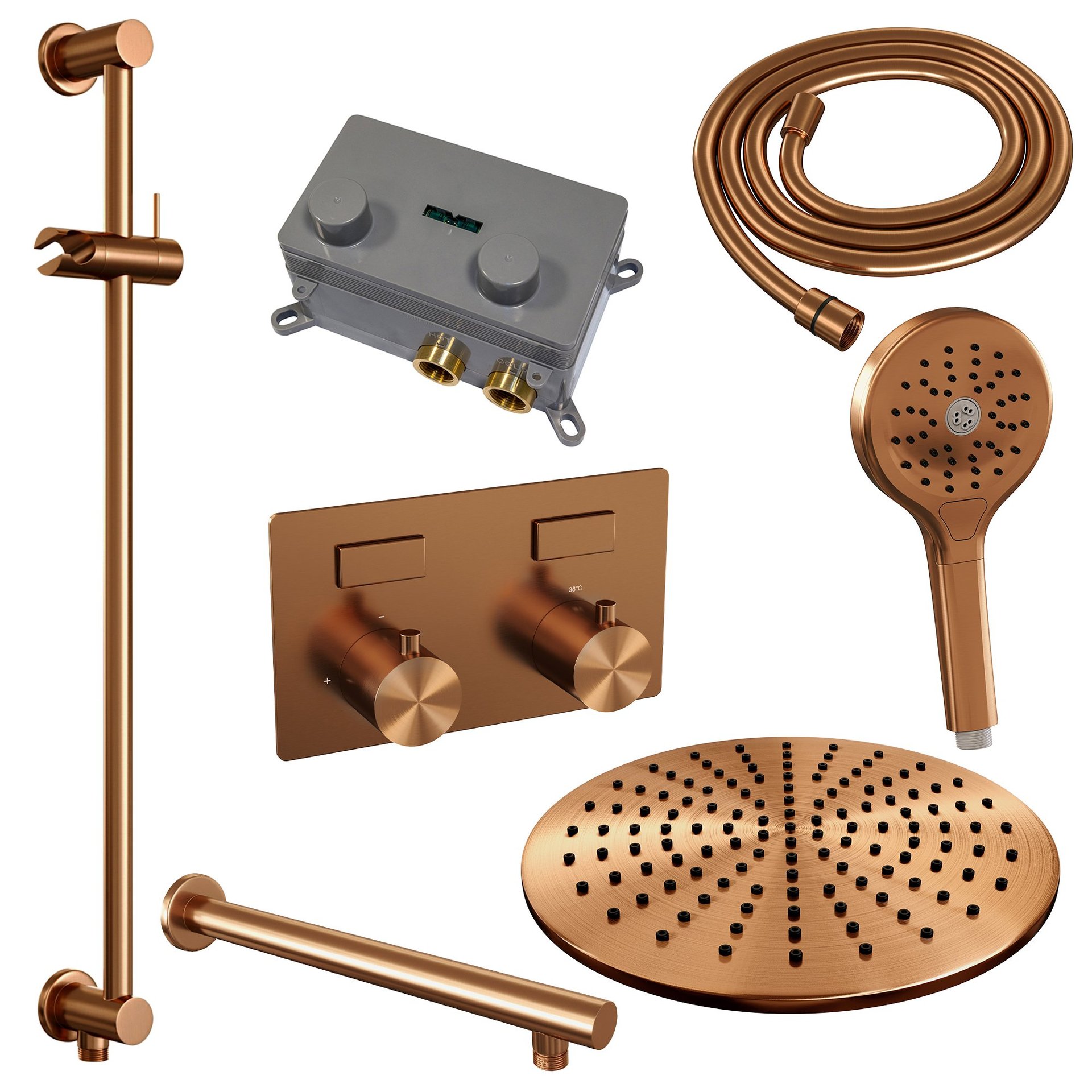 BRAUER Copper Edition thermostatische inbouw regendouche met drukknoppen SET 68 met 30 cm douchekop en rechte muurarm en 3-standen handdouche en doucheslang en geïntegreerde glijstang koper geborsteld PVD