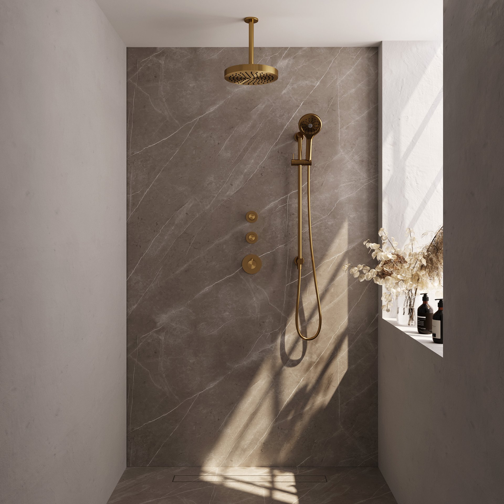 BRAUER Stripe thermostatische inbouw regendouche SET 12 met 25 cm douchekop en plafondarm en 3-standen handdouche en doucheslang en geïntegreerde glijstang goud geborsteld PVD