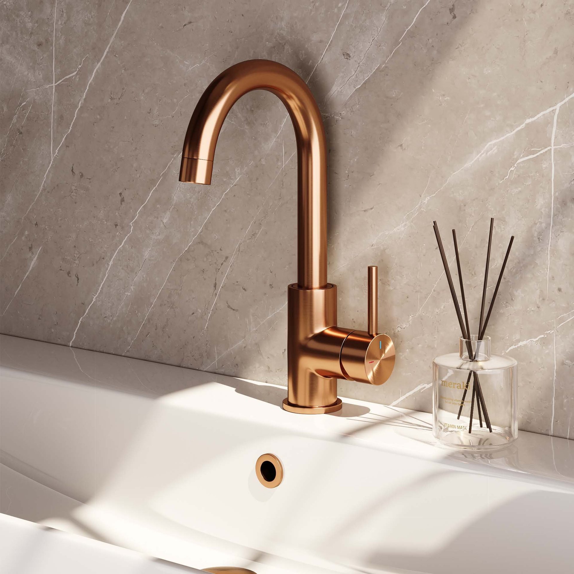 BRAUER Stripe hoge opbouw wastafelmengkraan met draaibare ronde uitloop model A koper geborsteld PVD
