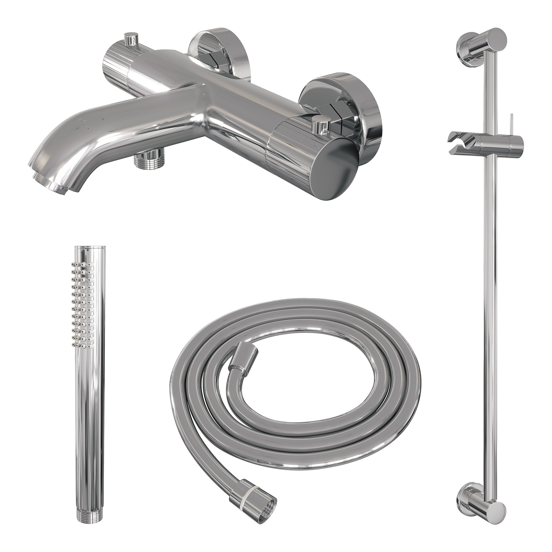 BRAUER Stripe opbouw baddouche thermostaatkraan SET 01 met glijstang en staaf handdouche en doucheslang chroom