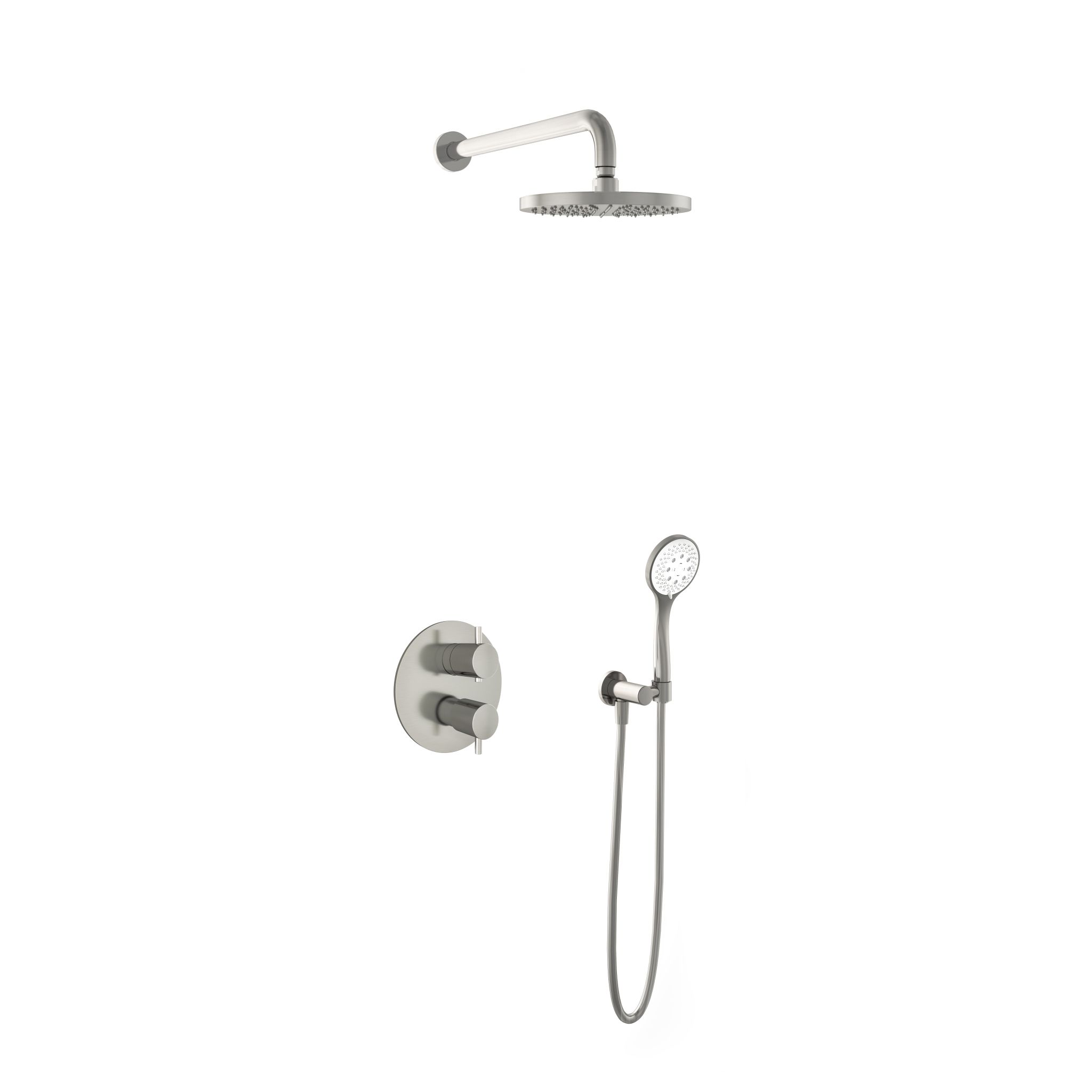 Hotbath Laddy Inbouw Regendoucheset Rond Met 2-Weg-Omstel, Wandarm, Hoofddouche 20cm En 3-Standen Handdouche Geborsteld Nikkel