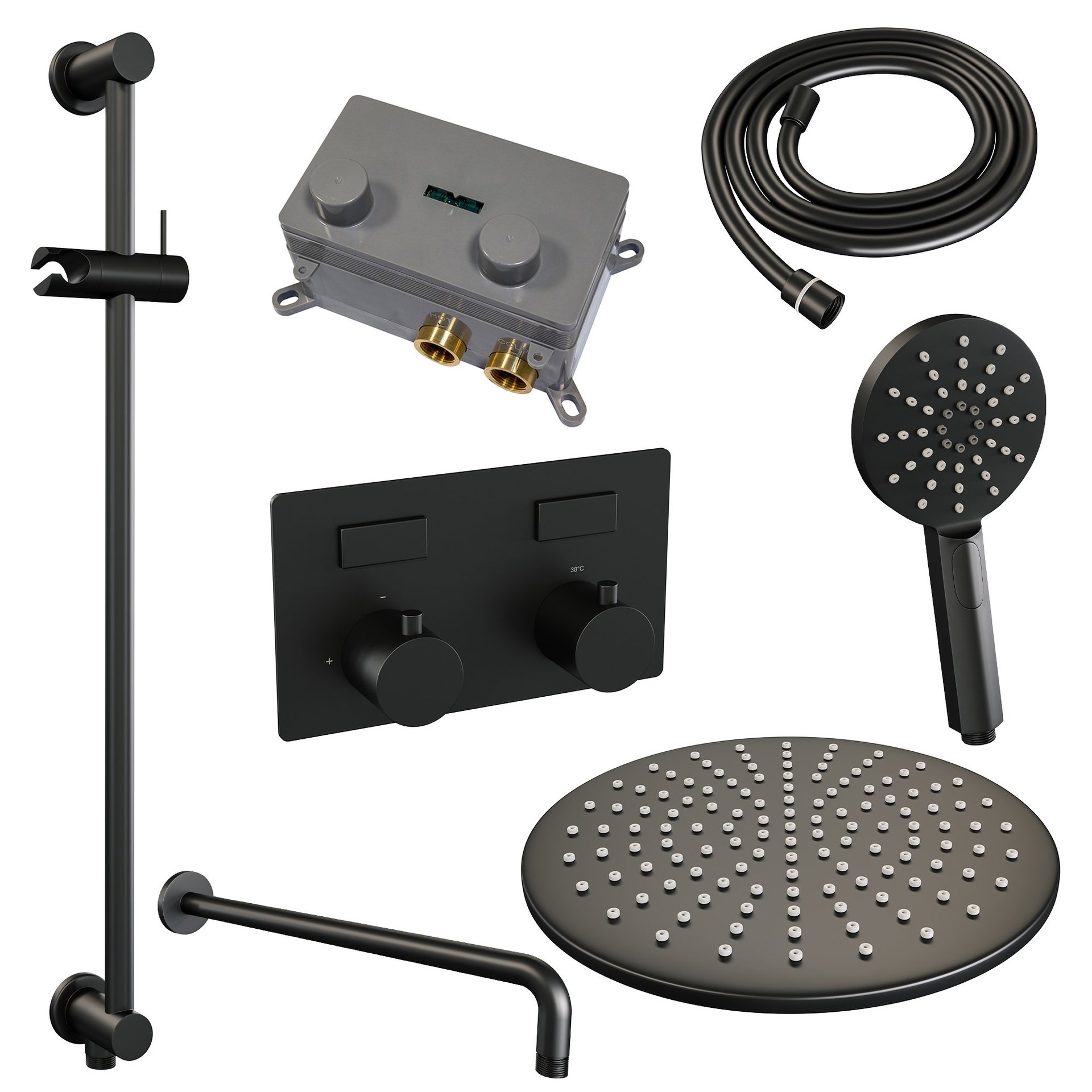 BRAUER Black Edition thermostatische inbouw regendouche met drukknoppen SET 70 met 30 cm douchekop en gebogen muurarm en 3-standen handdouche en doucheslang en geïntegreerde glijstang mat zwart