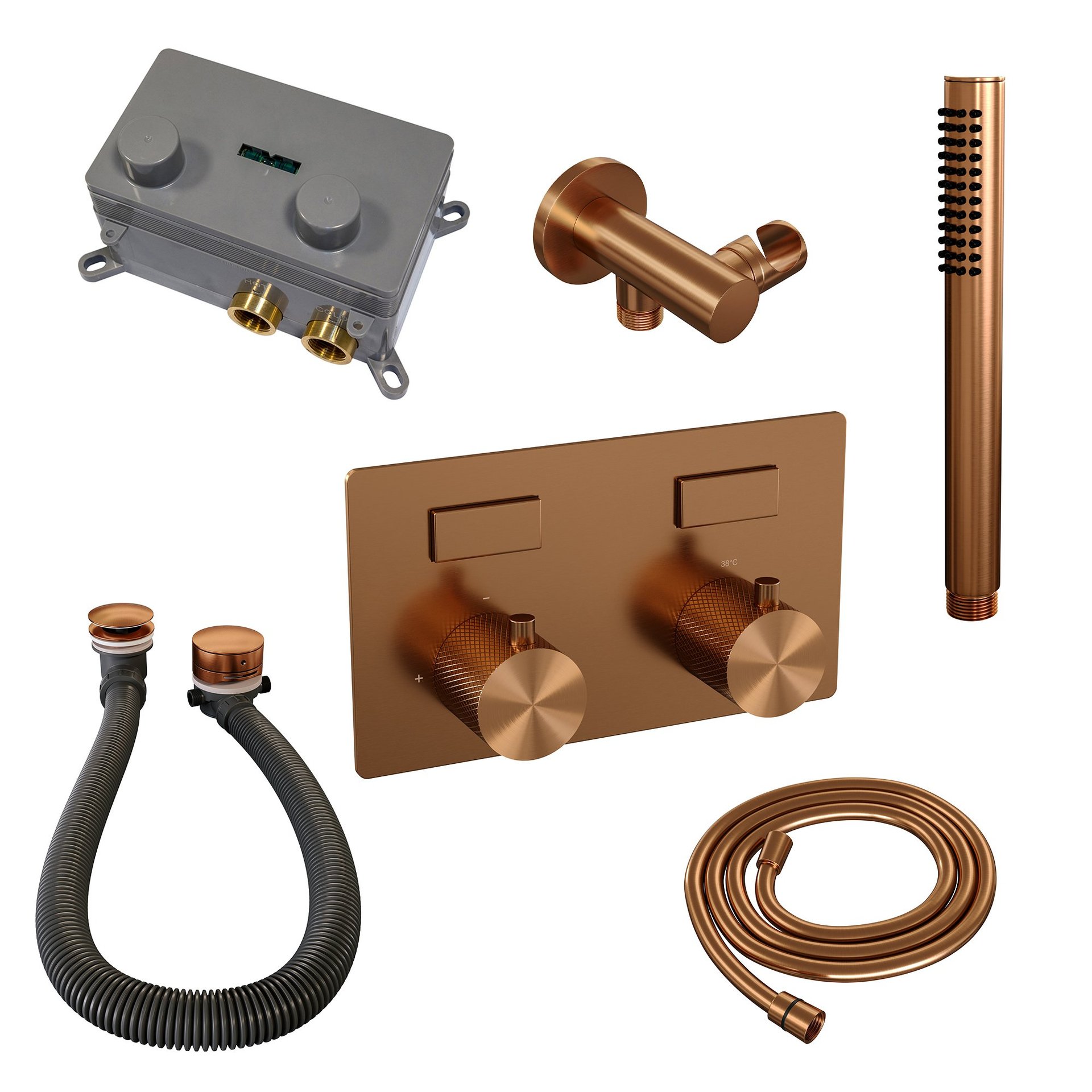 BRAUER Copper Carving thermostatische inbouw badkraan met drukknoppen SET 03 met badvulcombinatie en staaf handdouche en doucheslang en wandaansluitbocht koper geborsteld PVD