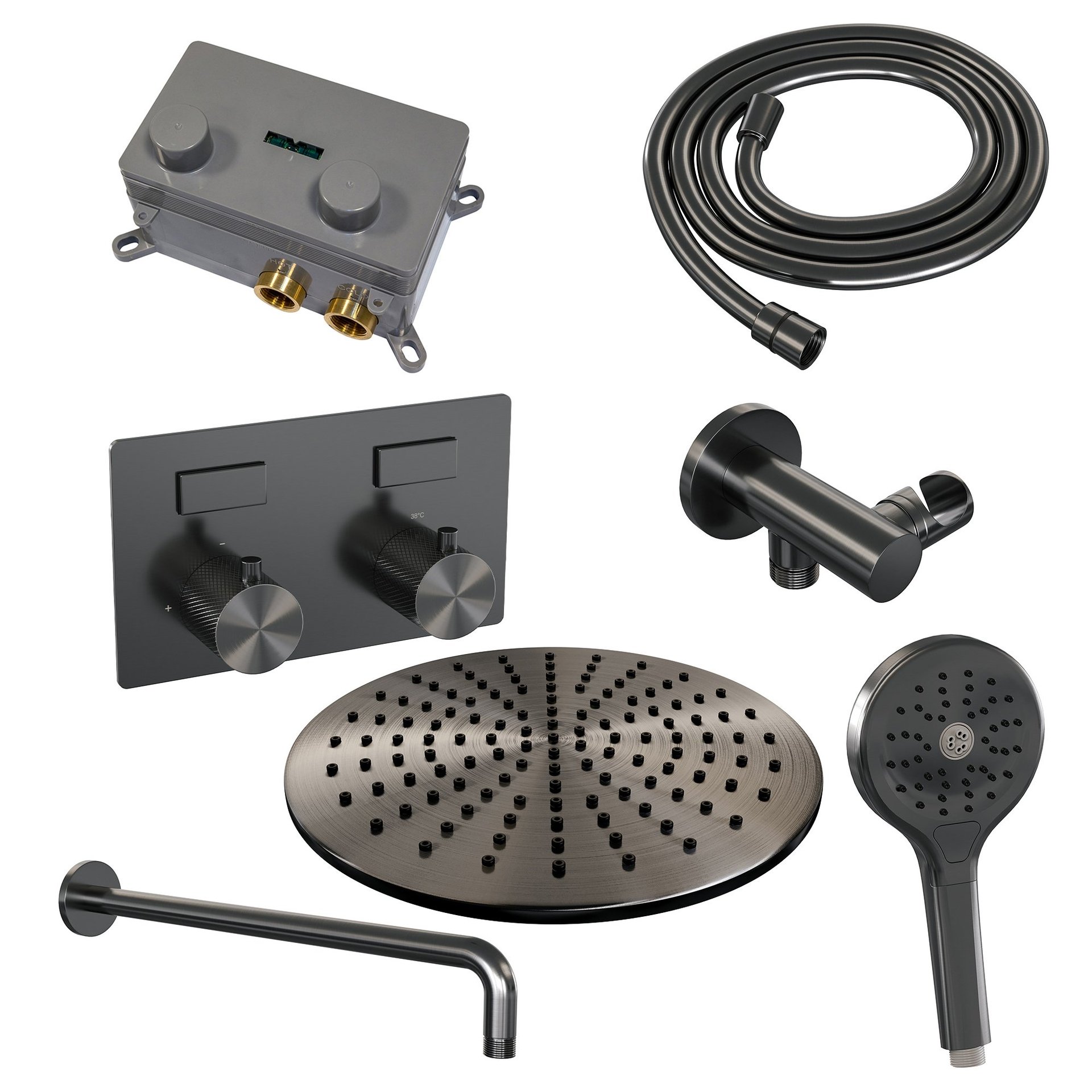 BRAUER Gunmetal Carving thermostatische inbouw regendouche met drukknoppen SET 58 met 30 cm douchekop en gebogen muurarm en 3-standen handdouche en doucheslang en wandaansluitbocht gunmetal geborsteld PVD