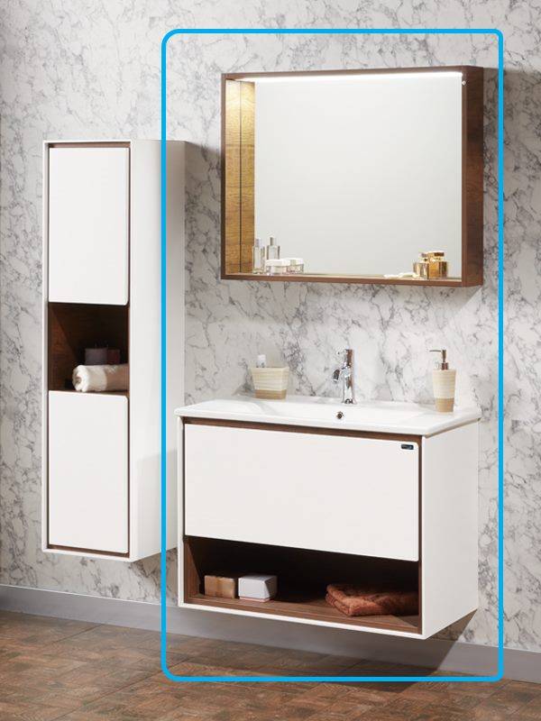 Badkamermeubel Forla Antraciet Houtmotief inclusief spiegel witte lade LED Badkamermeubel Forla Antraciet Houtmotief inclusief spiegel witte lade LED