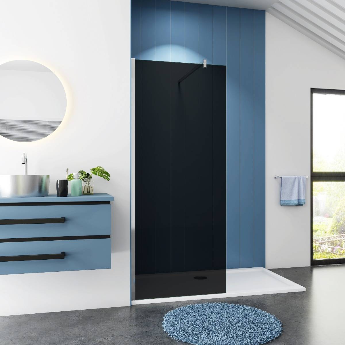 Inloopdouche 100x200 10mm Rookglas Antikalk Chroom stabilisatiestang muurprofiel nano coating voorkant