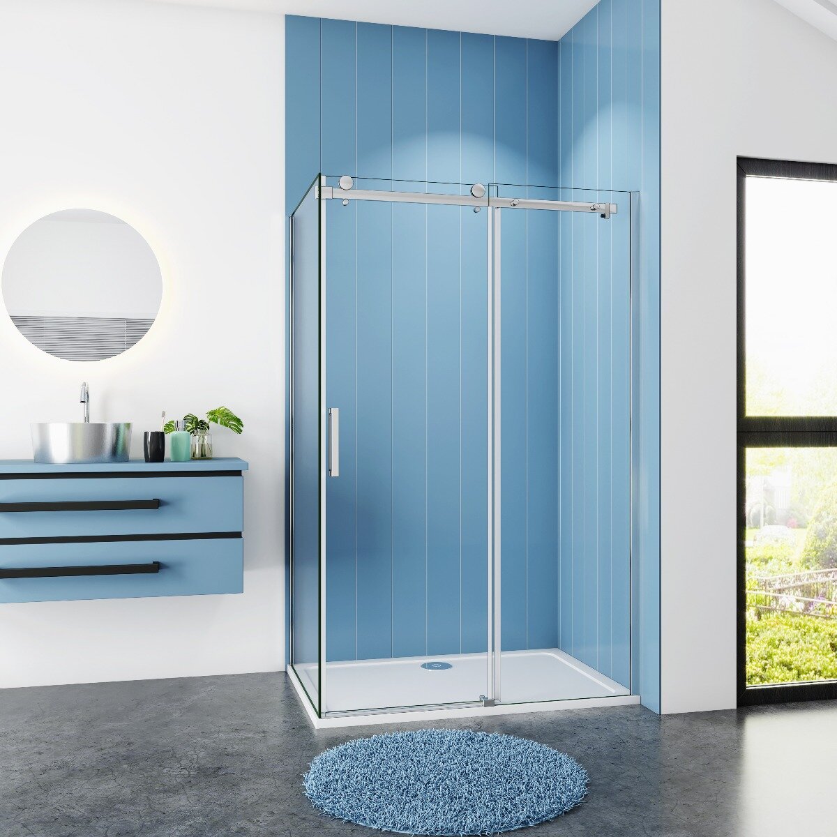Douchecabine Rechthoek 100x80x195 Schuifdeur 8mm Helder Glas Antikalk Chroom Rechts nano coating voorkant