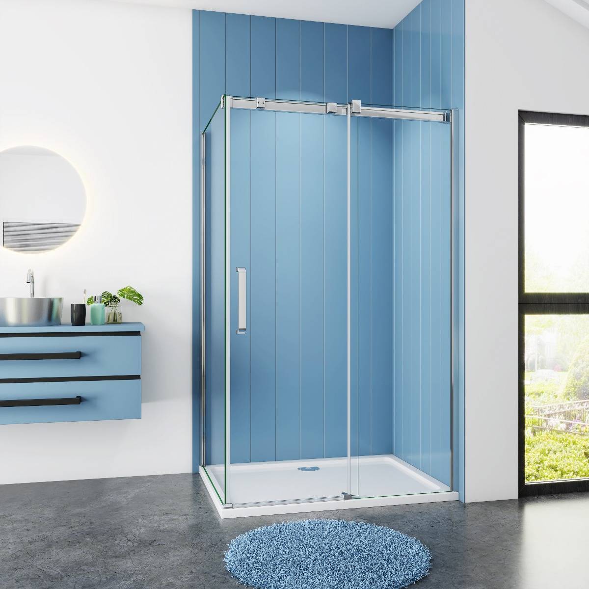 Douchecabine Rechthoek 140x90x200 Schuifdeur 8mm Helder Glas Antikalk Chroom Rechts voorkant nano coating Douchecabine Rechthoek 140x90x200 Schuifdeur 8mm Helder Glas Antikalk Chroom Rechts voorkant nano coating