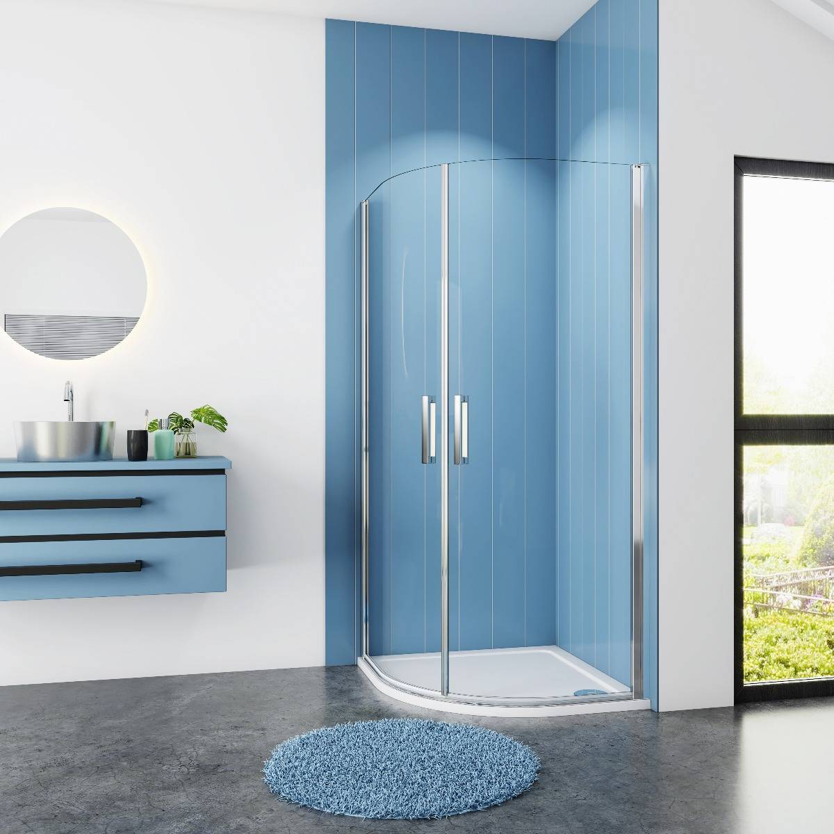 Douchecabine Kwartrond 90x90x195 Draaideur 6mm Helder Glas Antikalk Chroom nano coating voorkant Douchecabine Kwartrond 90x90x195 Draaideur 6mm Helder Glas Antikalk Chroom nano coating voorkant