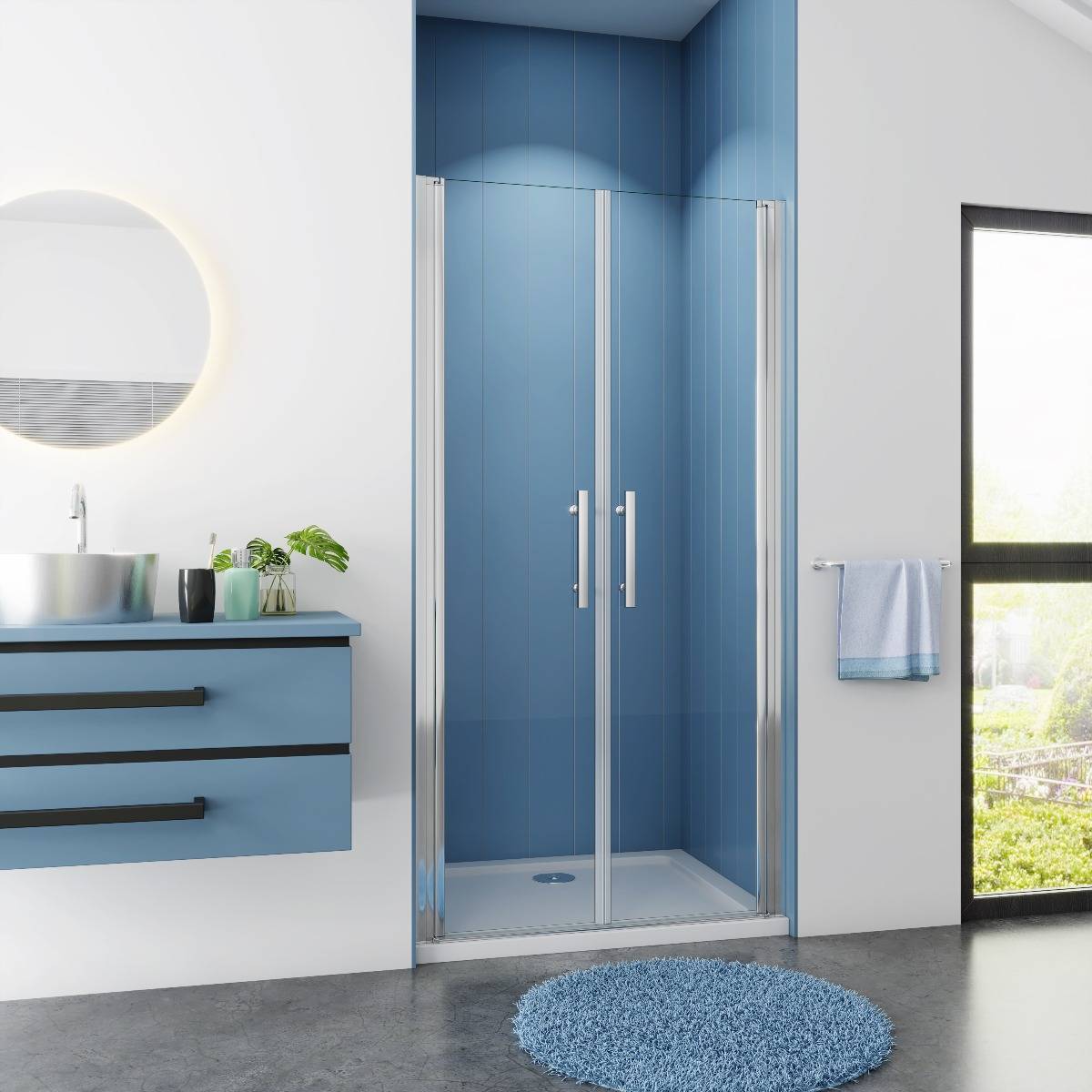 Douchedeur Nisdeur 90x195 Pendeldeur 6mm Helder Glas Antikalk Chroom nano coating Douchedeur Nisdeur 90x195 Pendeldeur 6mm Helder Glas Antikalk Chroom nano coating